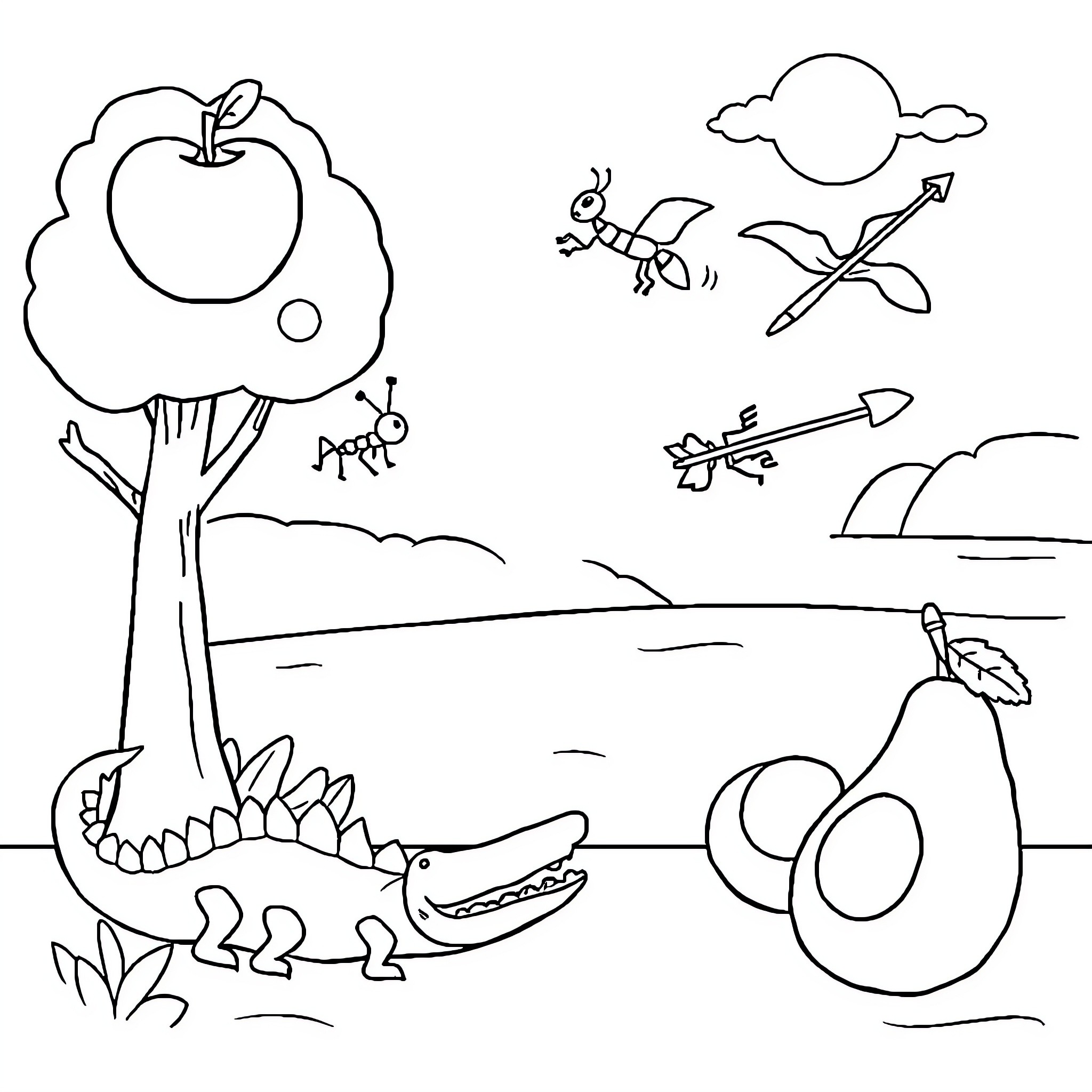 Word Apple Tree and Friends Exploring Outdoors Coloring Page (free black-and-white line drawing printable PDF for all, from beginners to advanced learners, including children, teens, adults, and seniors)