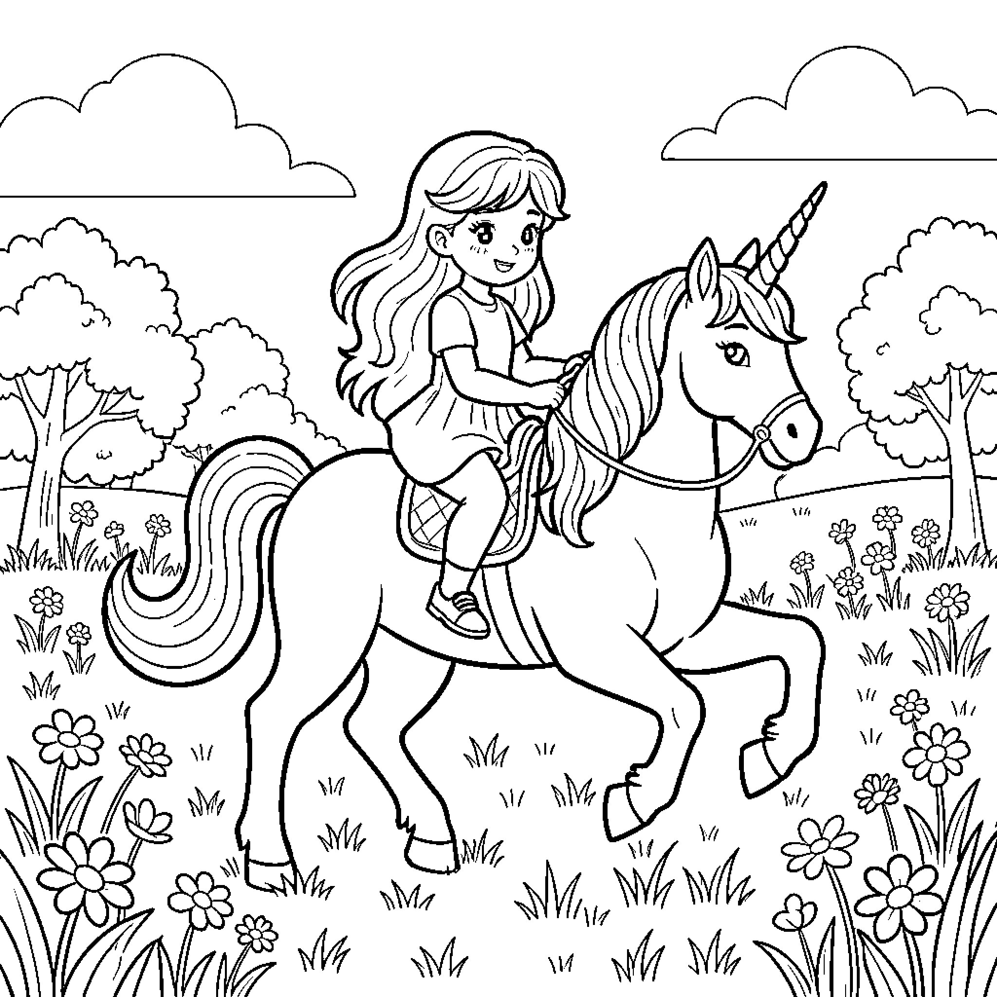 Unicorn being ridden by a happy young girl Coloring Page (free black-and-white line drawing printable PDF for all, from beginners to advanced learners, including children, teens, adults, and seniors)