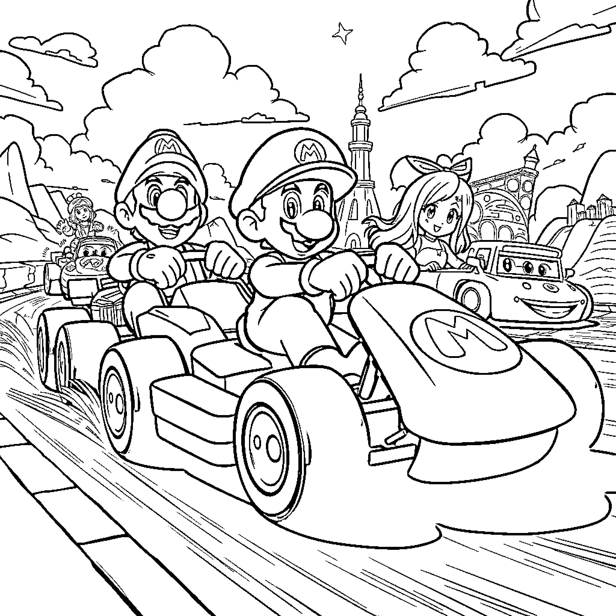 Mario Kart characters racing through a fantastical landscape Coloring Page (free black-and-white line drawing printable PDF for all, from beginners to advanced learners, including children, teens, adults, and seniors)