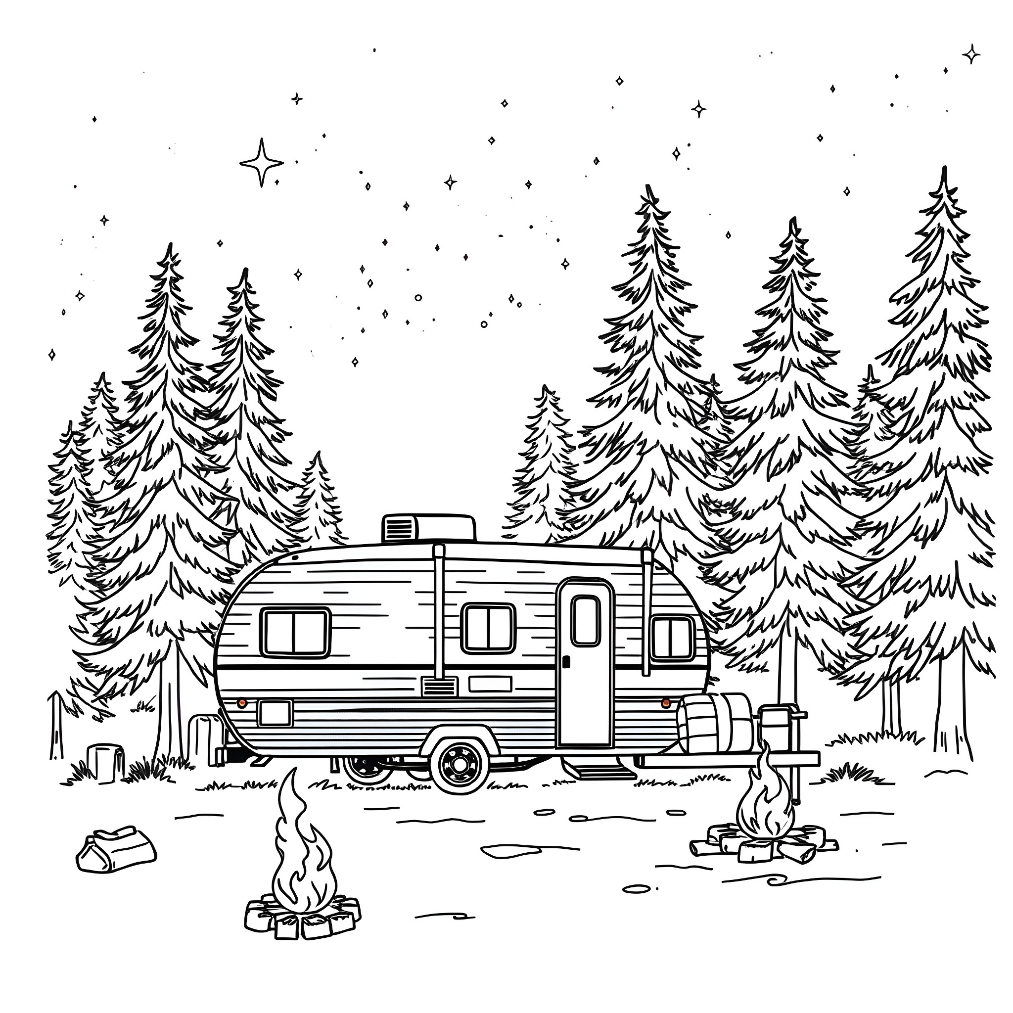 Trailer Camping in Snowy Forest Scenery Coloring Page (free black-and-white line drawing printable PDF for all, from beginners to advanced learners, including children, teens, adults, and seniors)