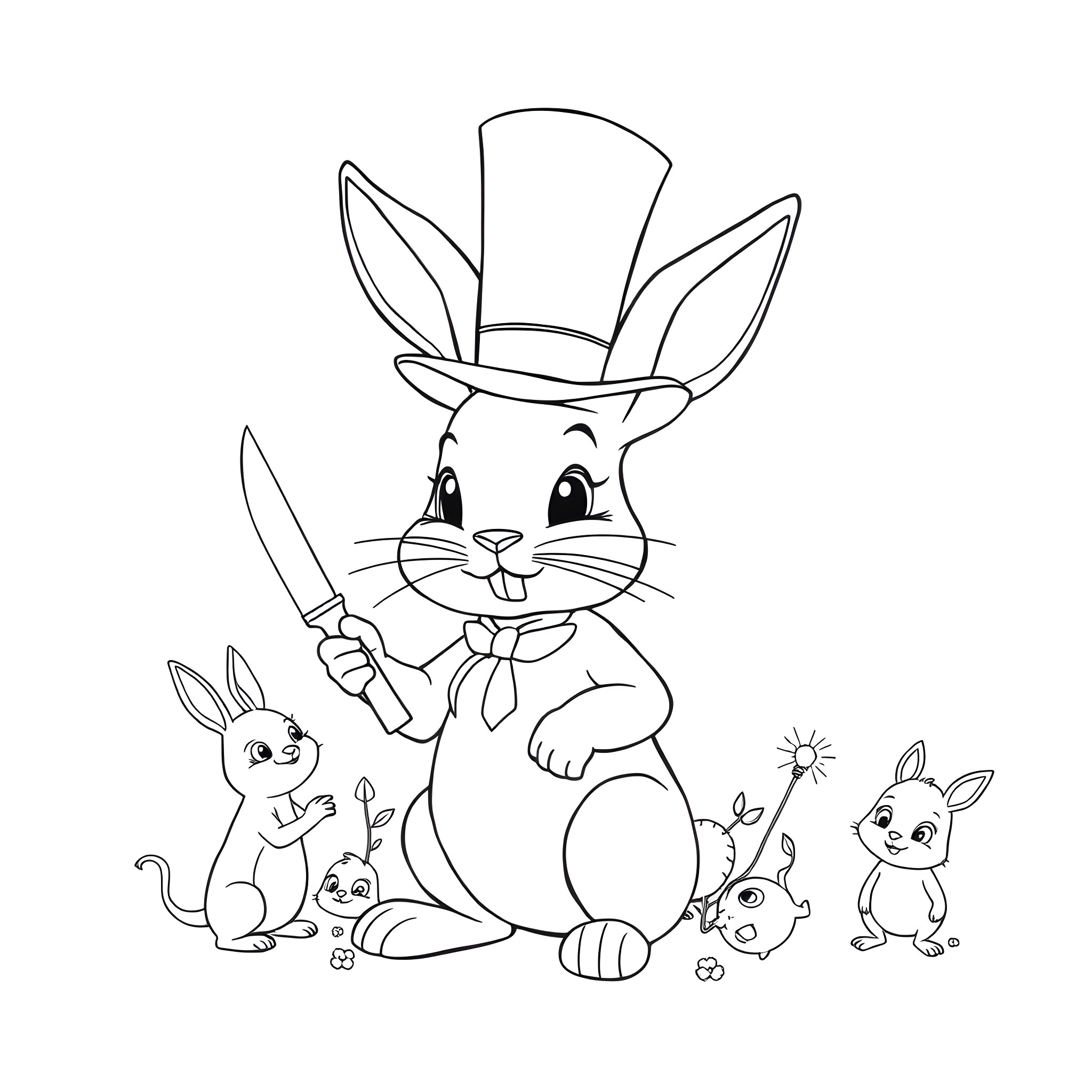 Bunny family in fancy outfits Coloring Page (free black-and-white line drawing printable PDF for all, from beginners to advanced learners, including children, teens, adults, and seniors)