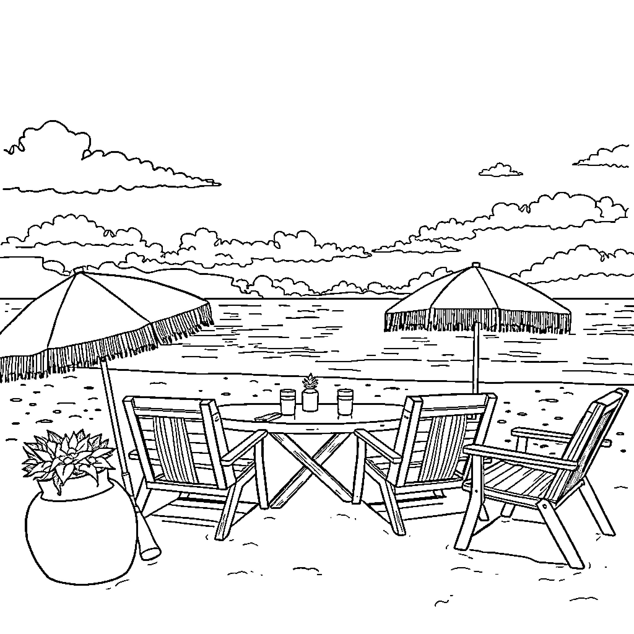 Beach scene with umbrellas and outdoor seating Coloring Page (free black-and-white line drawing printable PDF for all, from beginners to advanced learners, including children, teens, adults, and seniors)