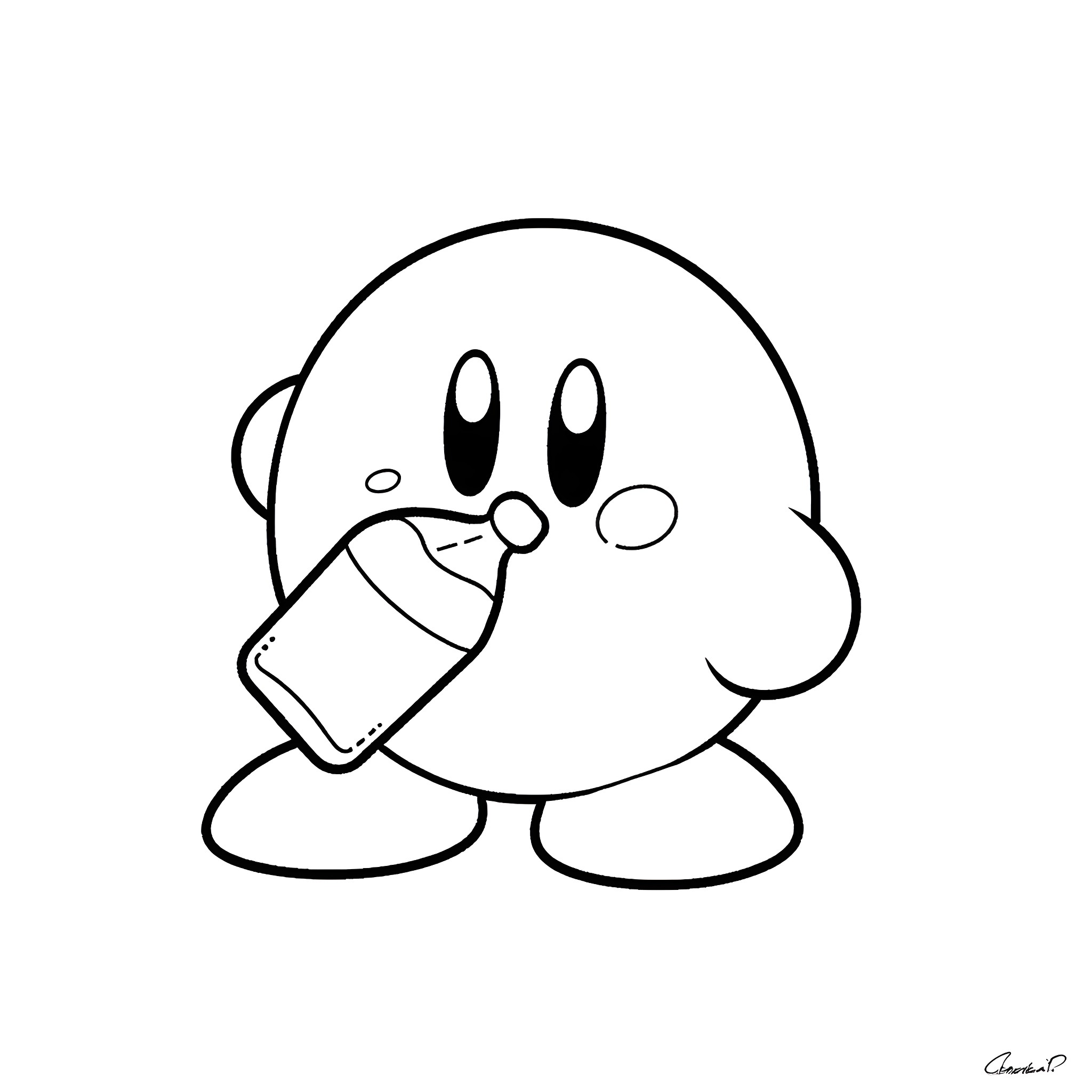 Kirby eating food happily Coloring Page (free black-and-white line drawing printable PDF for all, from beginners to advanced learners, including children, teens, adults, and seniors)