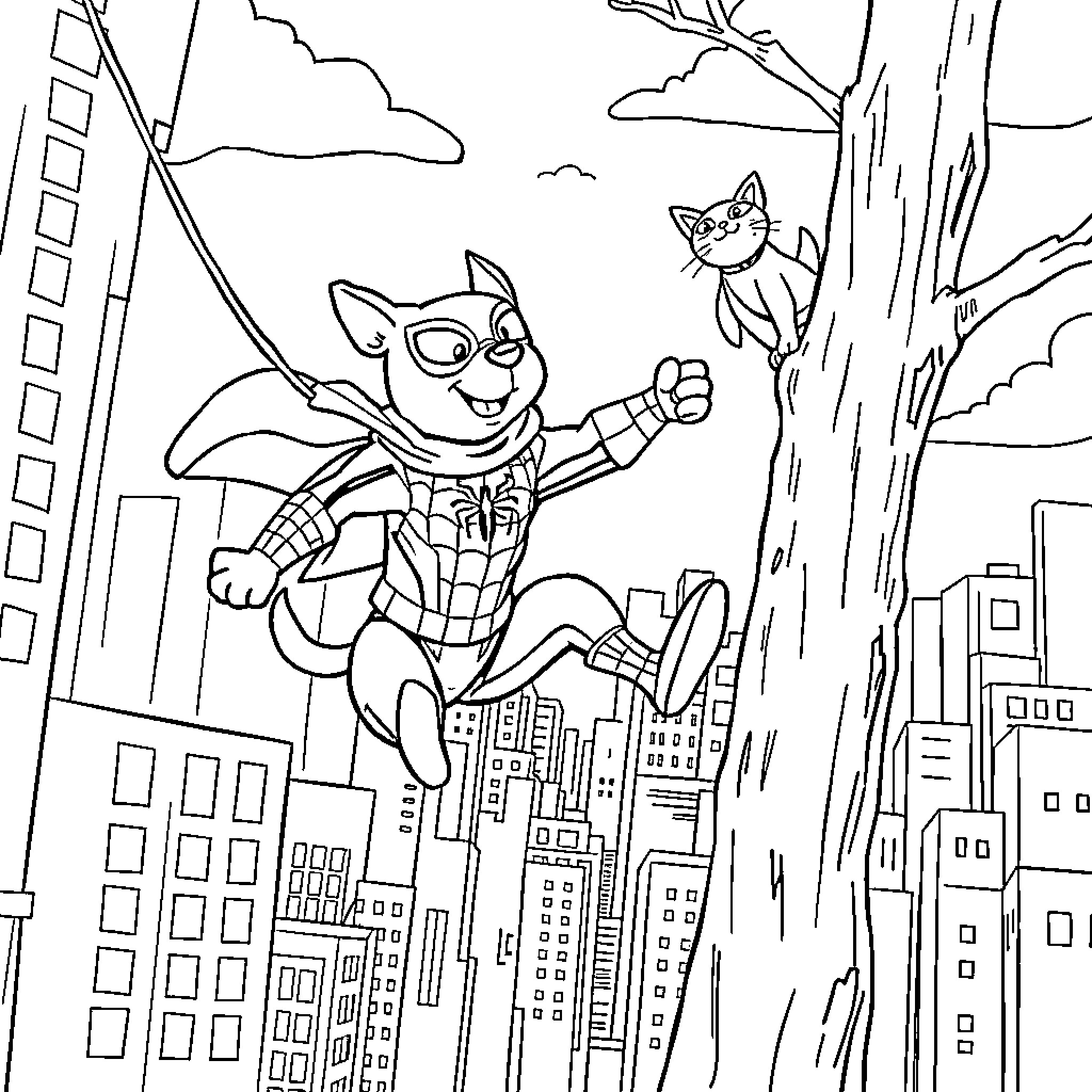 Dog superhero saving city from tree Coloring Page (free black-and-white line drawing printable PDF for all, from beginners to advanced learners, including children, teens, adults, and seniors)