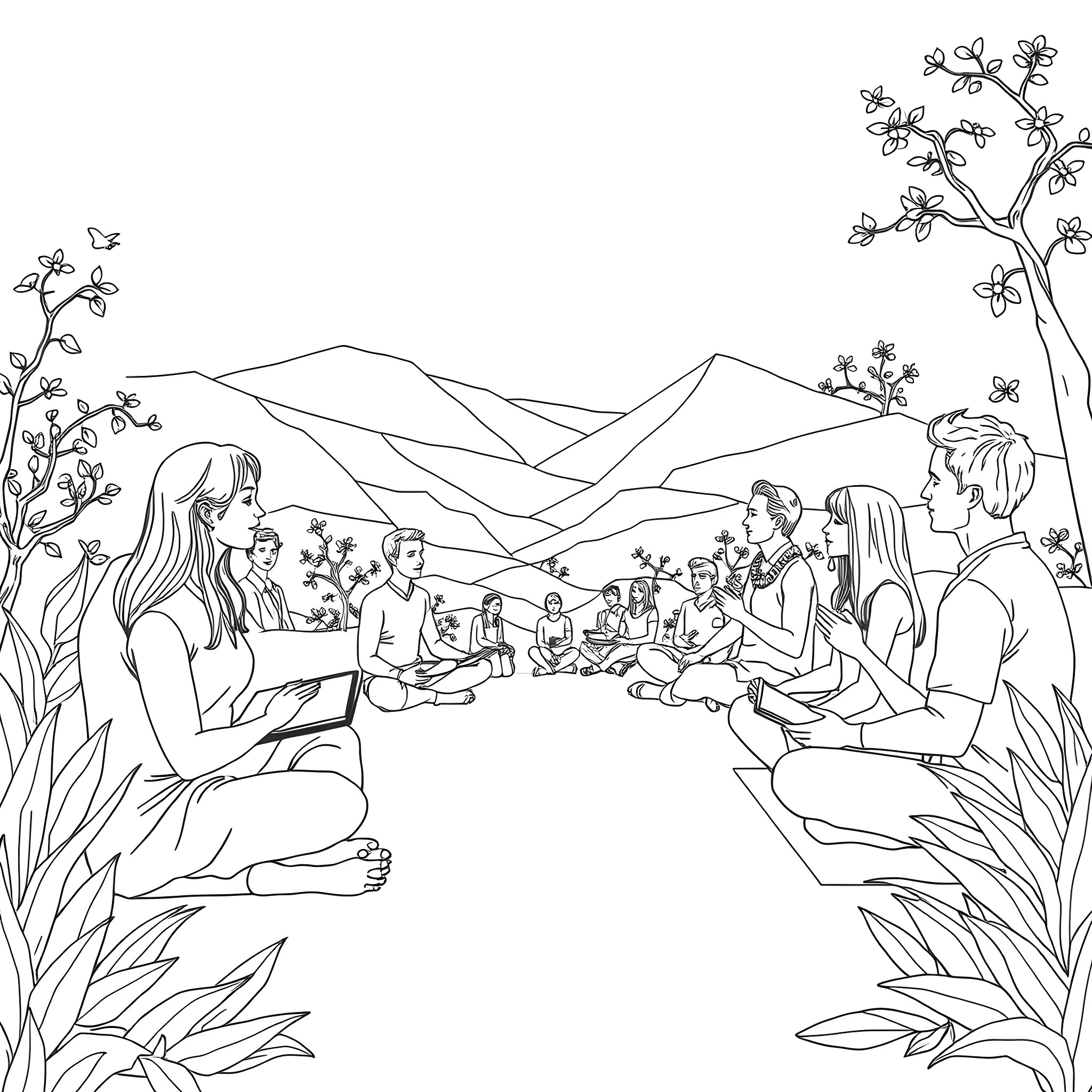 Mental Health Gathering in Nature's Embrace Coloring Page (free black-and-white line drawing printable PDF for all, from beginners to advanced learners, including children, teens, adults, and seniors)