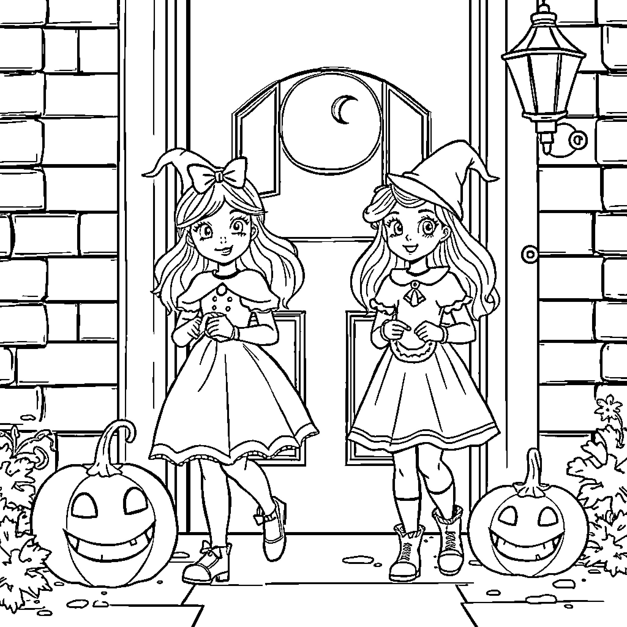 Princess Sisters Celebrate Halloween Together Coloring Page (free black-and-white line drawing printable PDF for all, from beginners to advanced learners, including children, teens, adults, and seniors)