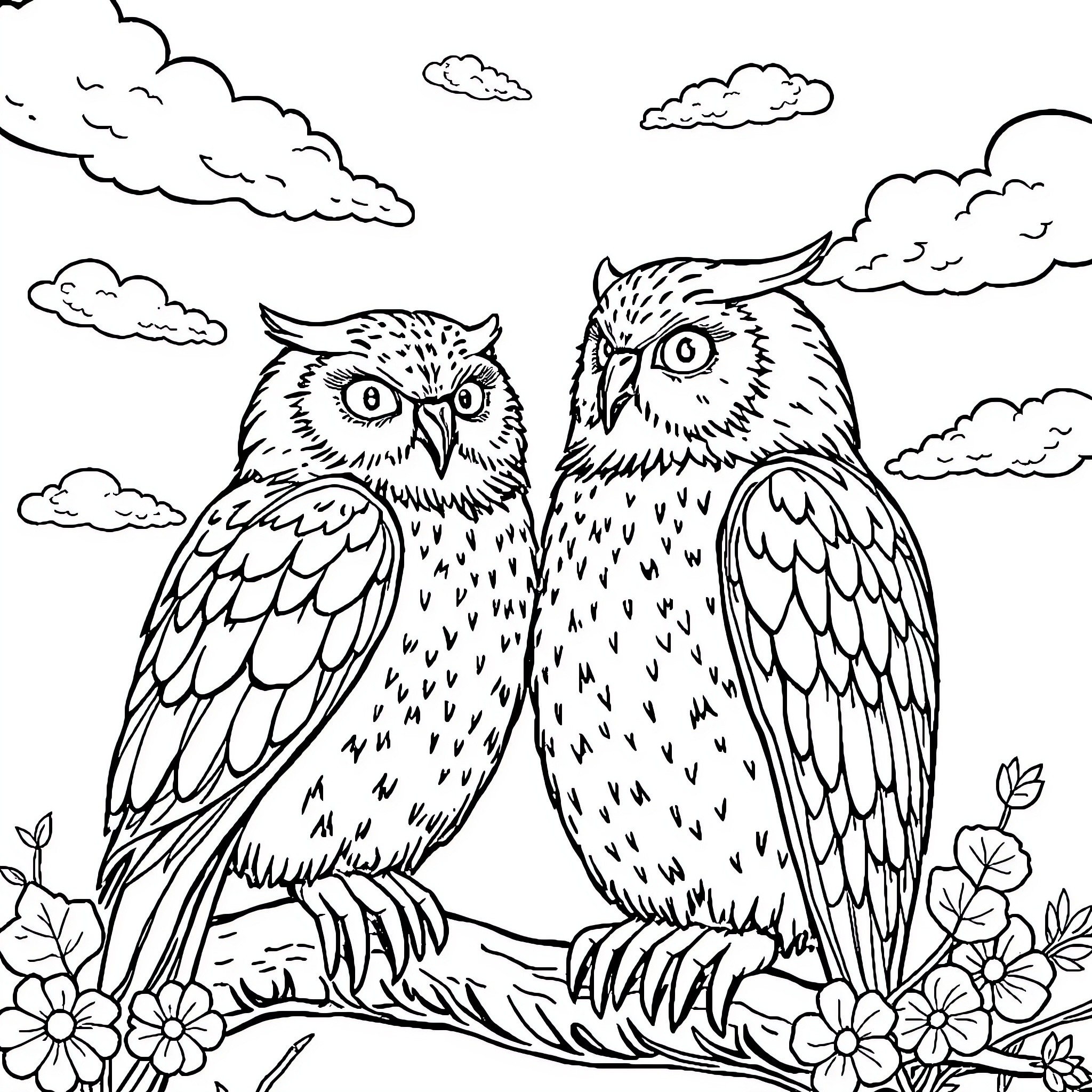 Oso Owls Perched on Branch with Blooming Flowers Coloring Page (free black-and-white line drawing printable PDF for all, from beginners to advanced learners, including children, teens, adults, and seniors)