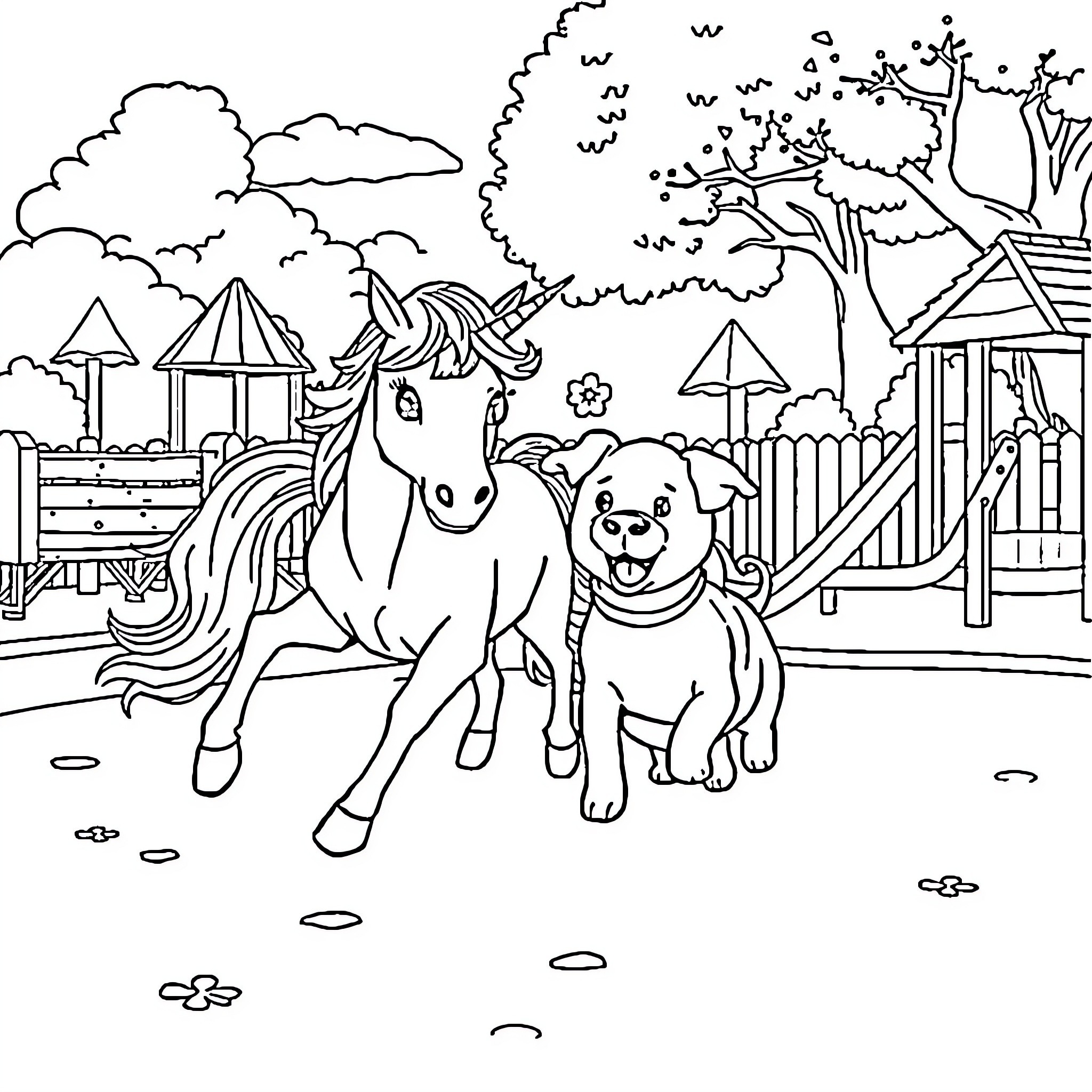Unicorn and Puppy Exploring Playground Coloring Page (free black-and-white line drawing printable PDF for all, from beginners to advanced learners, including children, teens, adults, and seniors)