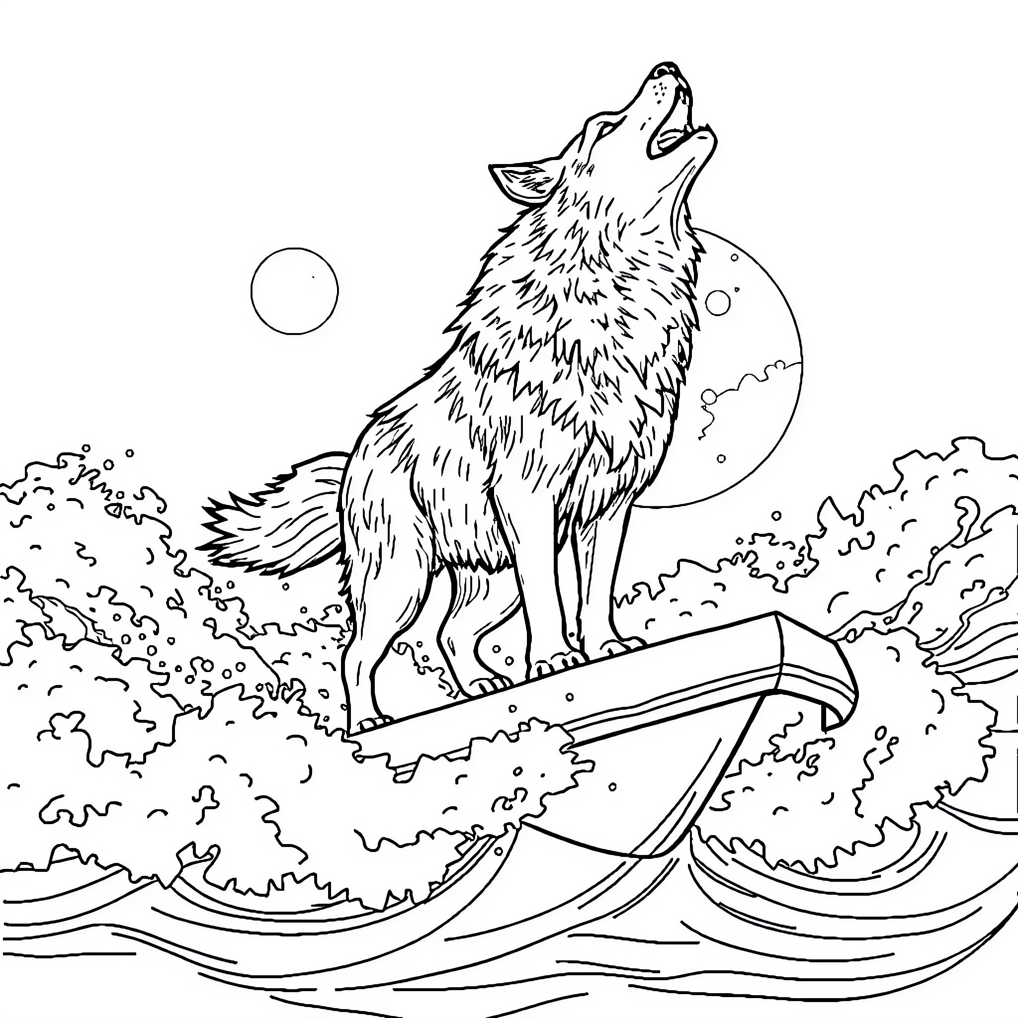 Wolf howling at the moon on a ship's deck Coloring Page (free black-and-white line drawing printable PDF for all, from beginners to advanced learners, including children, teens, adults, and seniors)