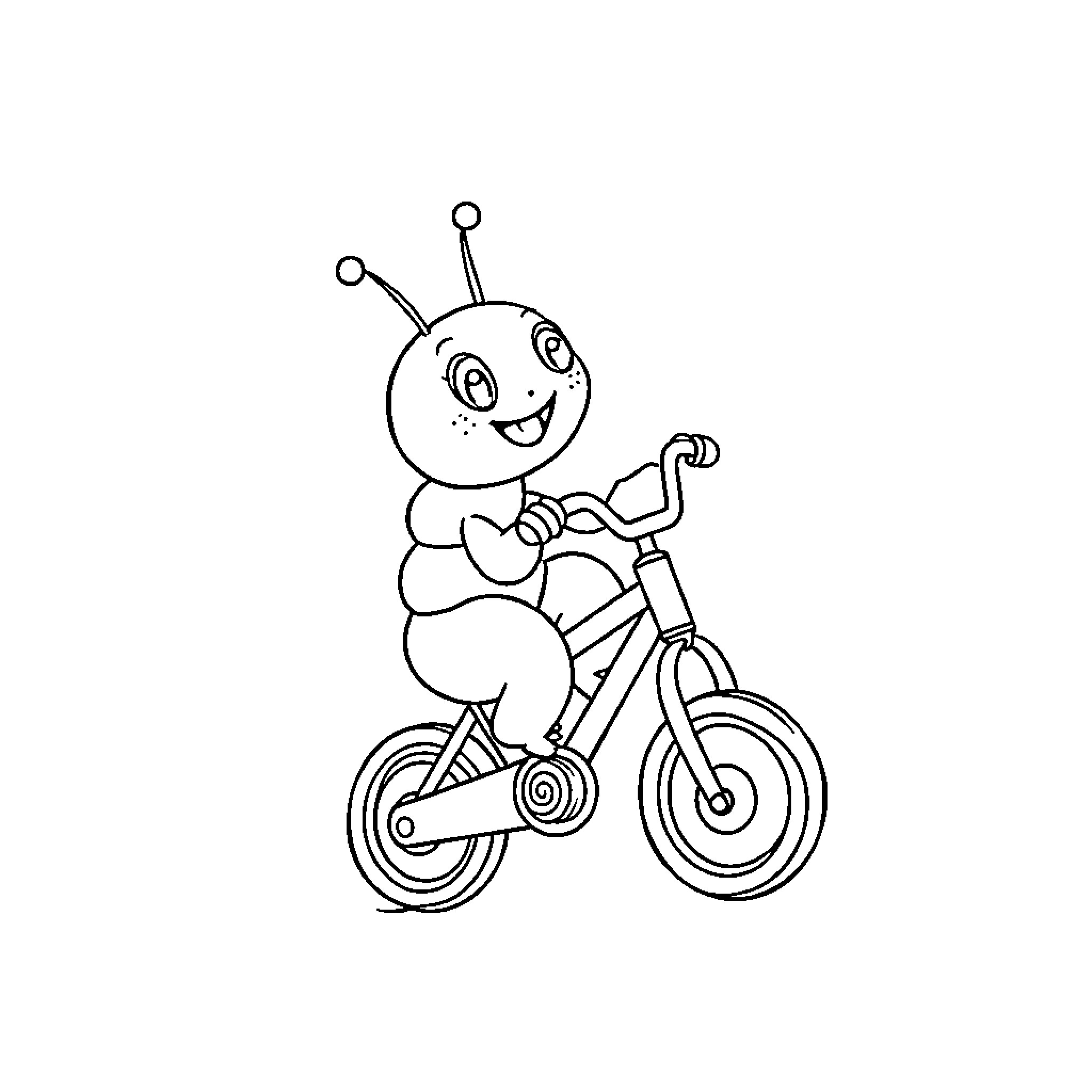 Caterpillar riding a bicycle happily Coloring Page (free black-and-white line drawing printable PDF for all, from beginners to advanced learners, including children, teens, adults, and seniors)