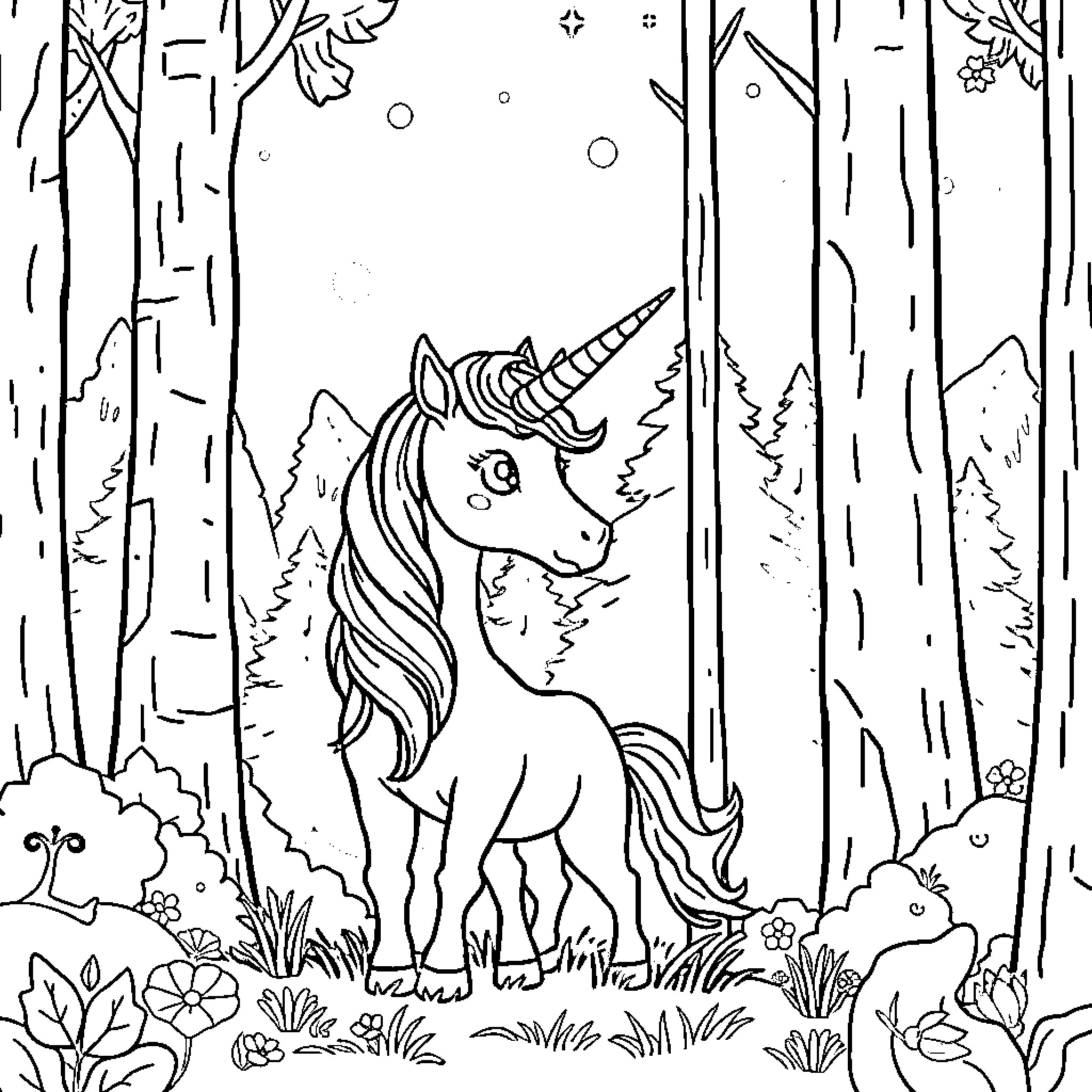 Unicorn in a magical forest Coloring Page (free black-and-white line drawing printable PDF for all, from beginners to advanced learners, including children, teens, adults, and seniors)