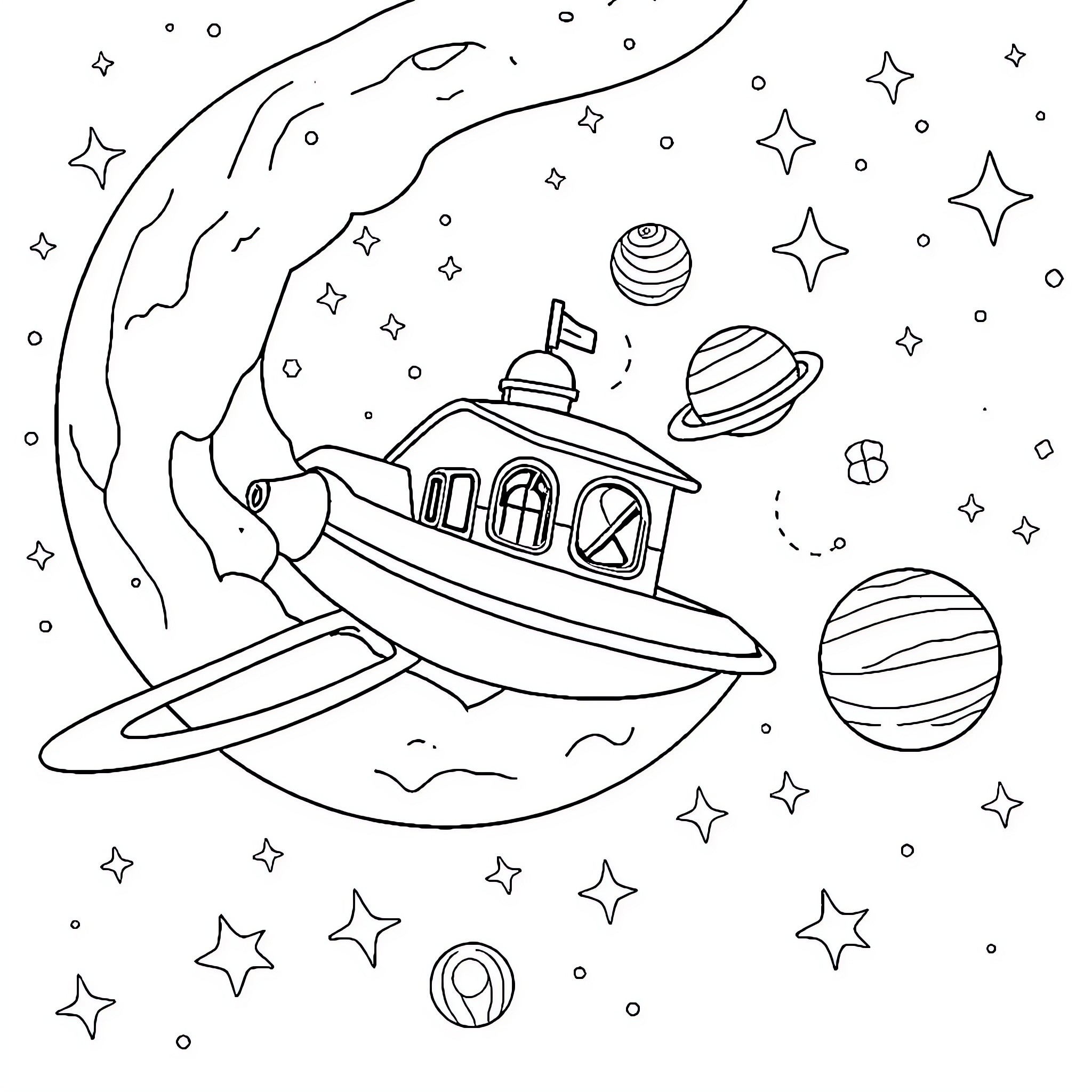 School Spaceship Adventure in the Starry Sky Coloring Page (free black-and-white line drawing printable PDF for all, from beginners to advanced learners, including children, teens, adults, and seniors)