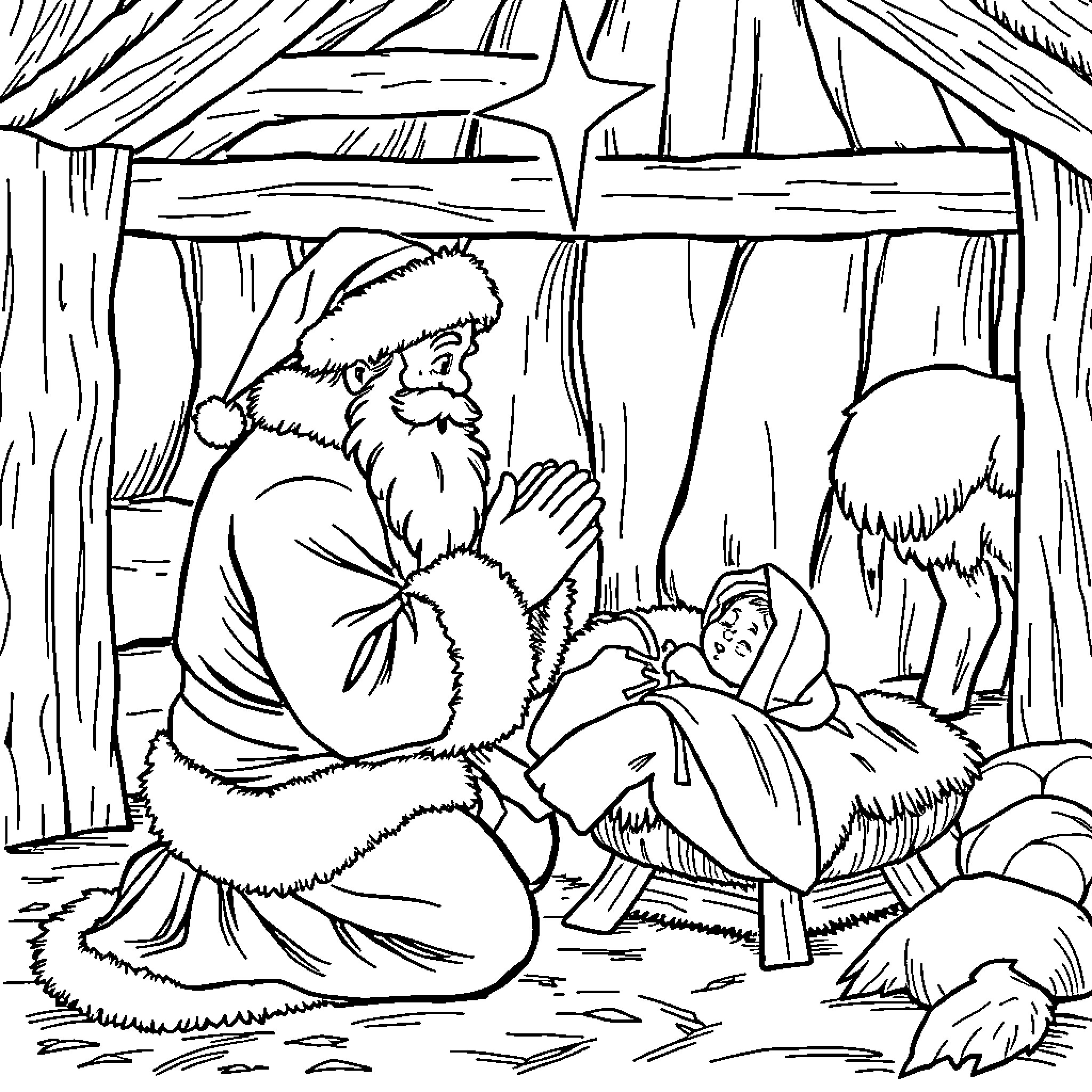 Santa Claus visiting a sleeping child in the forest Coloring Page (free black-and-white line drawing printable PDF for all, from beginners to advanced learners, including children, teens, adults, and seniors)