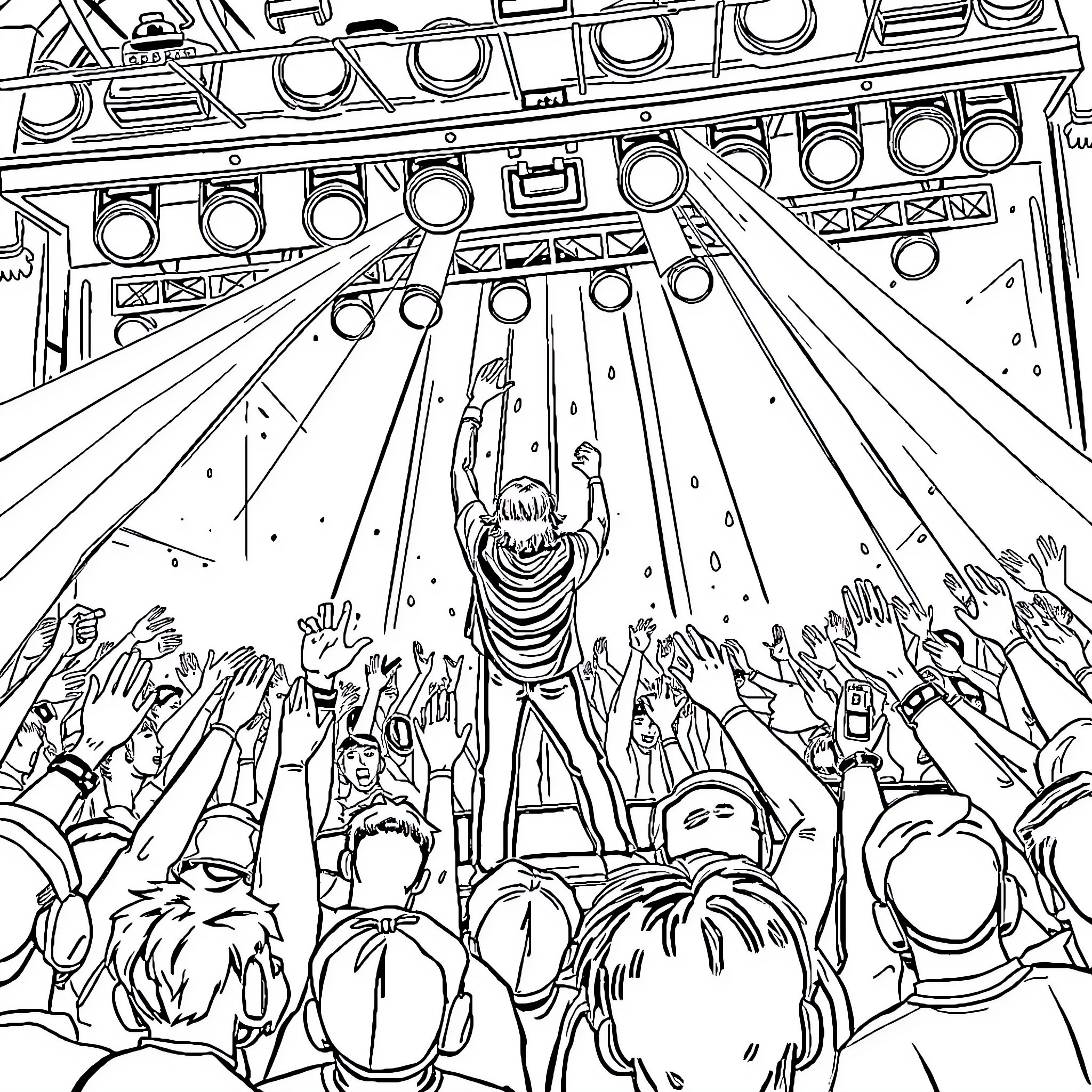Juice Wrld performing for energetic crowd Coloring Page (free black-and-white line drawing printable PDF for all, from beginners to advanced learners, including children, teens, adults, and seniors)