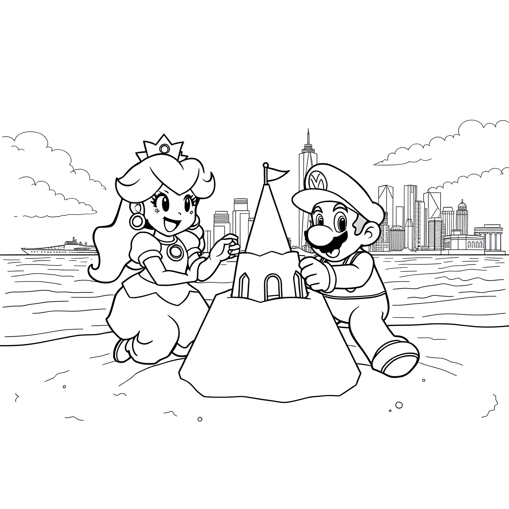 Princess Peach and Mario building a sand castle Coloring Page (free black-and-white line drawing printable PDF for all, from beginners to advanced learners, including children, teens, adults, and seniors)