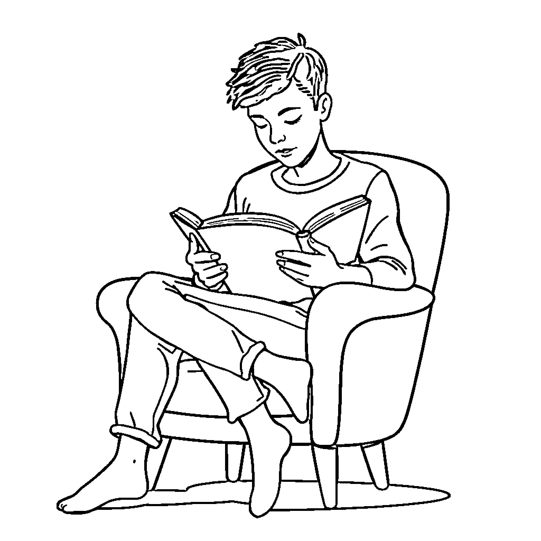 Book of a boy reading intently Coloring Page (free black-and-white line drawing printable PDF for all, from beginners to advanced learners, including children, teens, adults, and seniors)