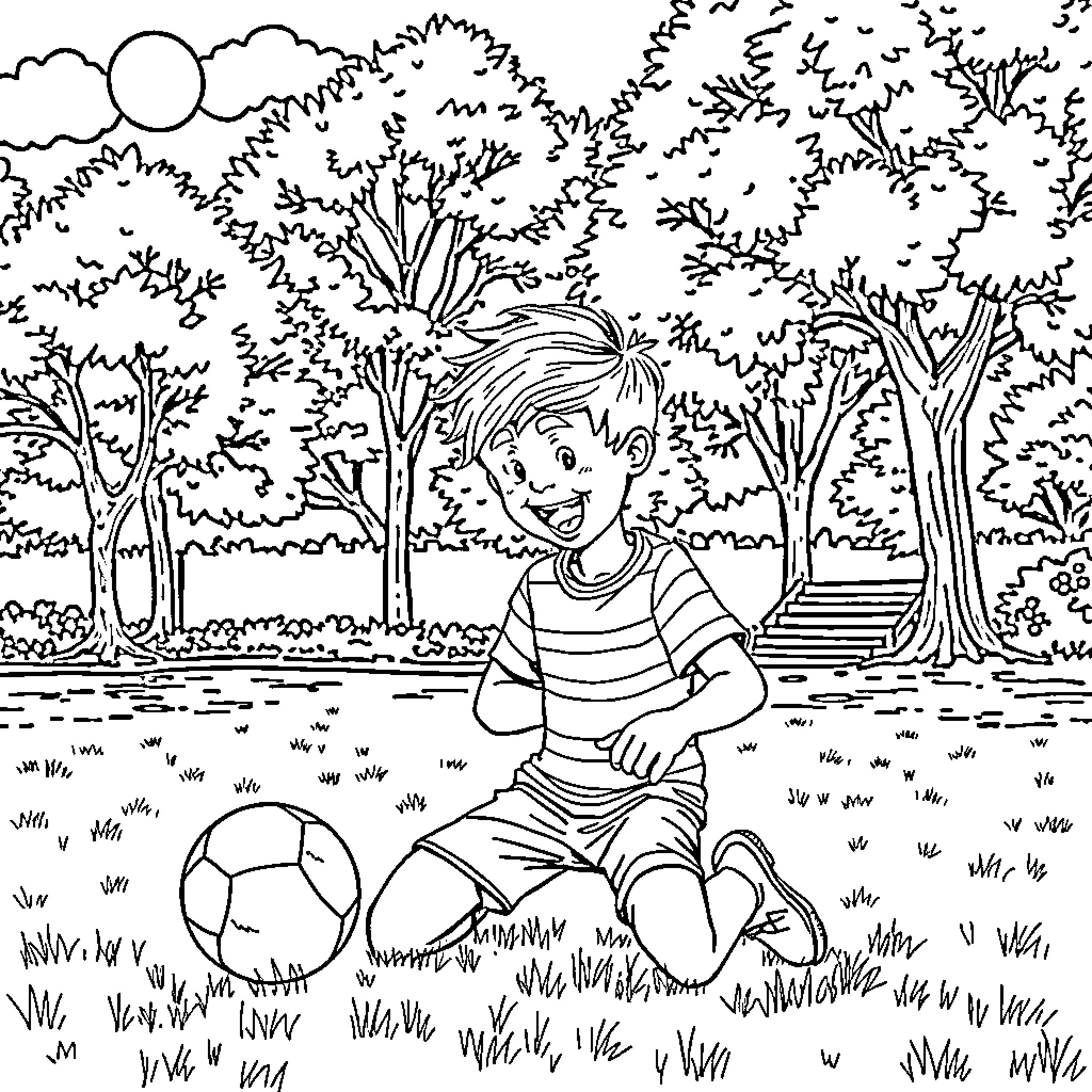 Ross Lynch playing with a ball in the park Coloring Page (free black-and-white line drawing printable PDF for all, from beginners to advanced learners, including children, teens, adults, and seniors)