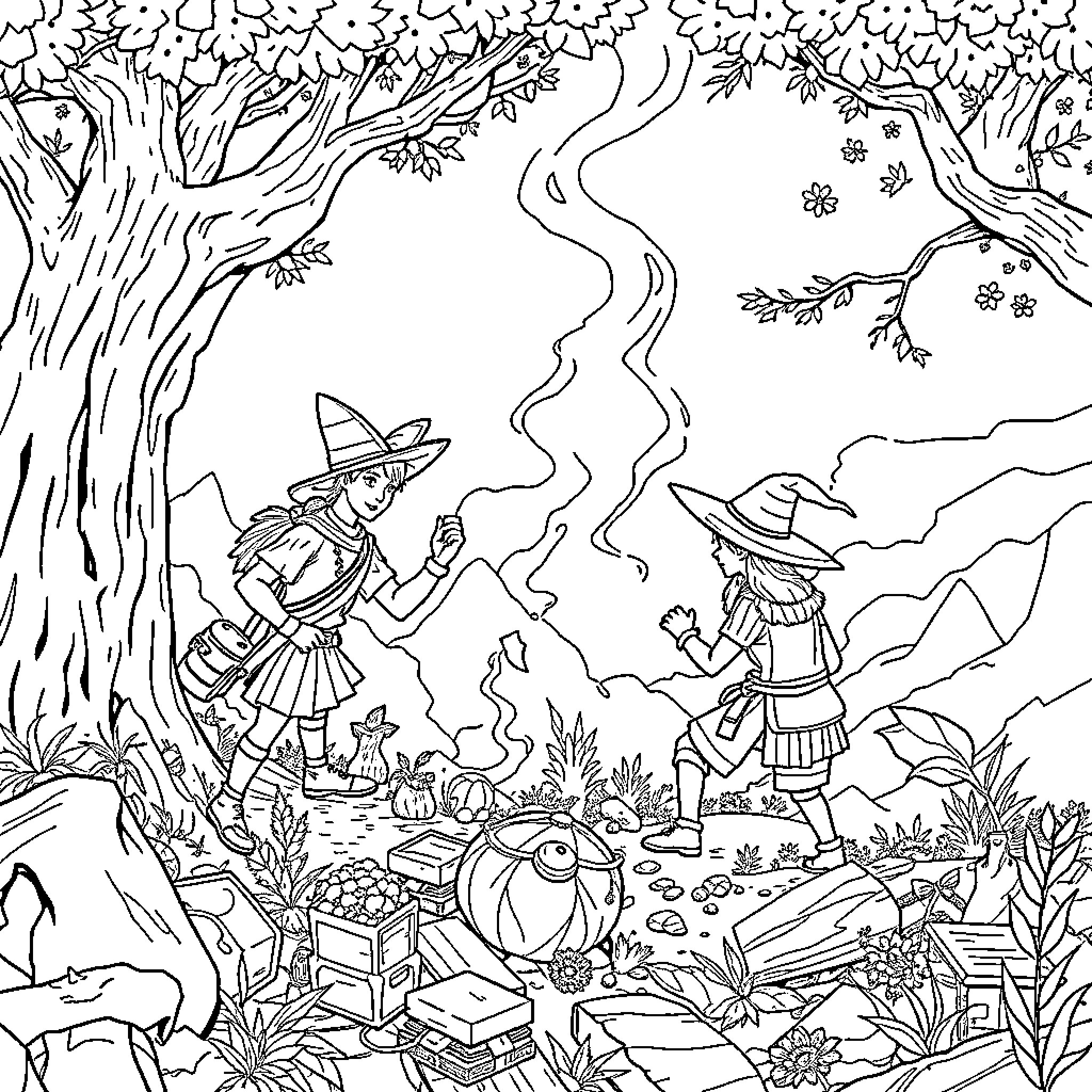 Huntrix explorers in forest adventure Coloring Page (free black-and-white line drawing printable PDF for all, from beginners to advanced learners, including children, teens, adults, and seniors)