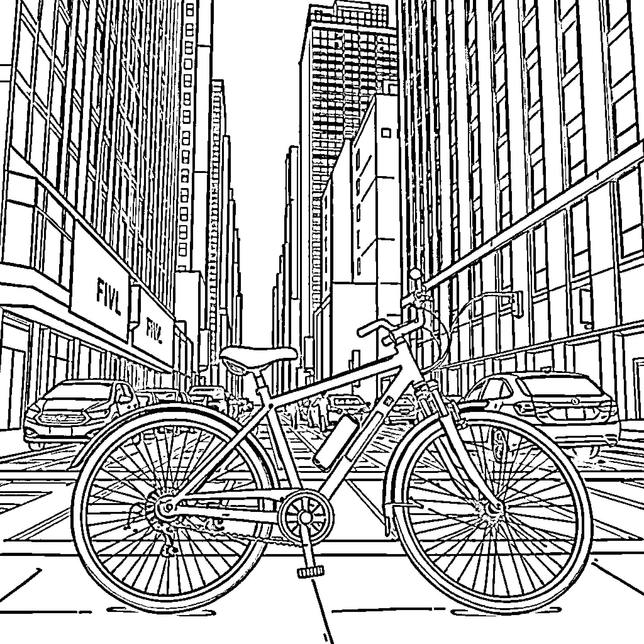 Bike in the bustling city streets Coloring Page (free black-and-white line drawing printable PDF for all, from beginners to advanced learners, including children, teens, adults, and seniors)