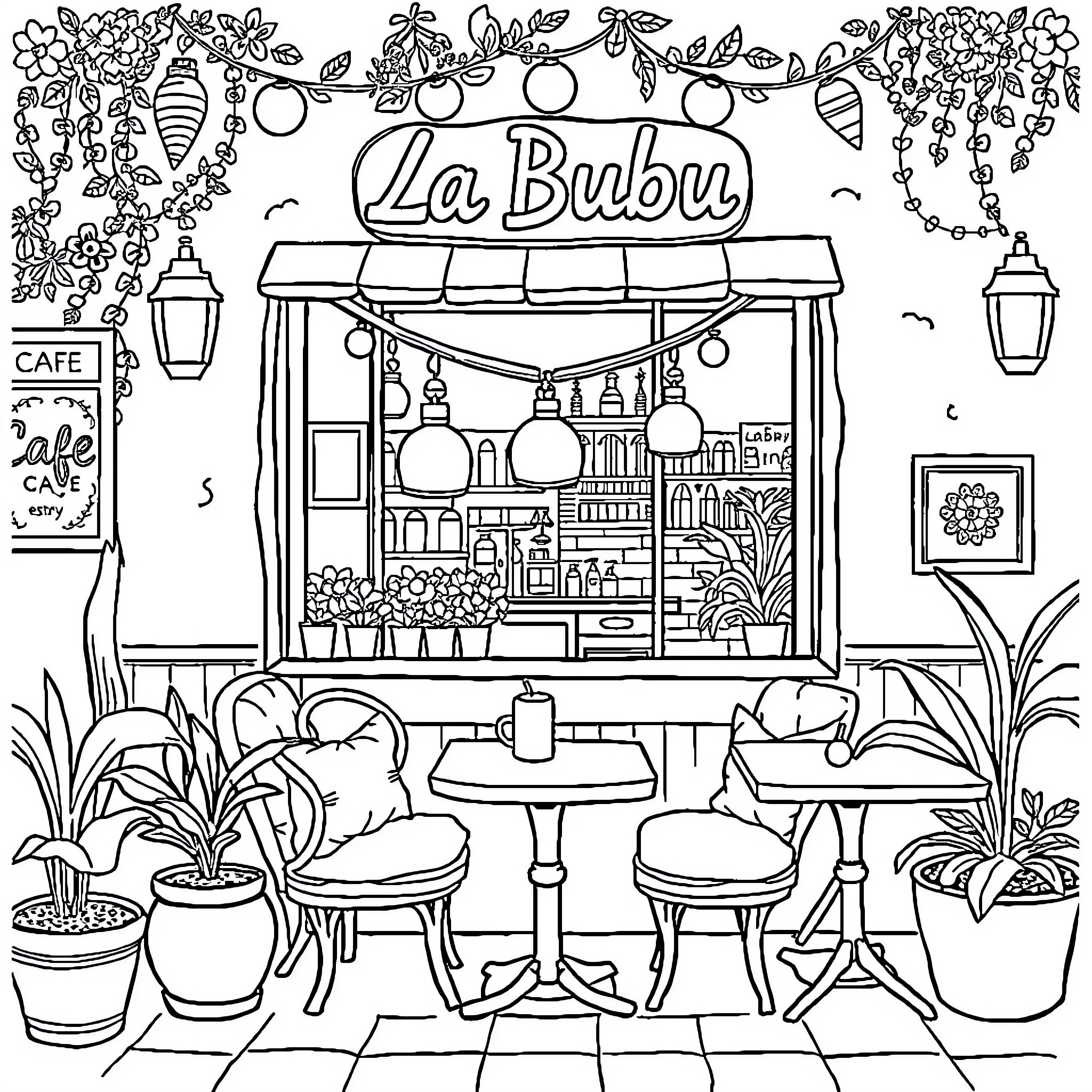 La Bubu Cozy Cafe with Festive Decor Coloring Page (free black-and-white line drawing printable PDF for all, from beginners to advanced learners, including children, teens, adults, and seniors)