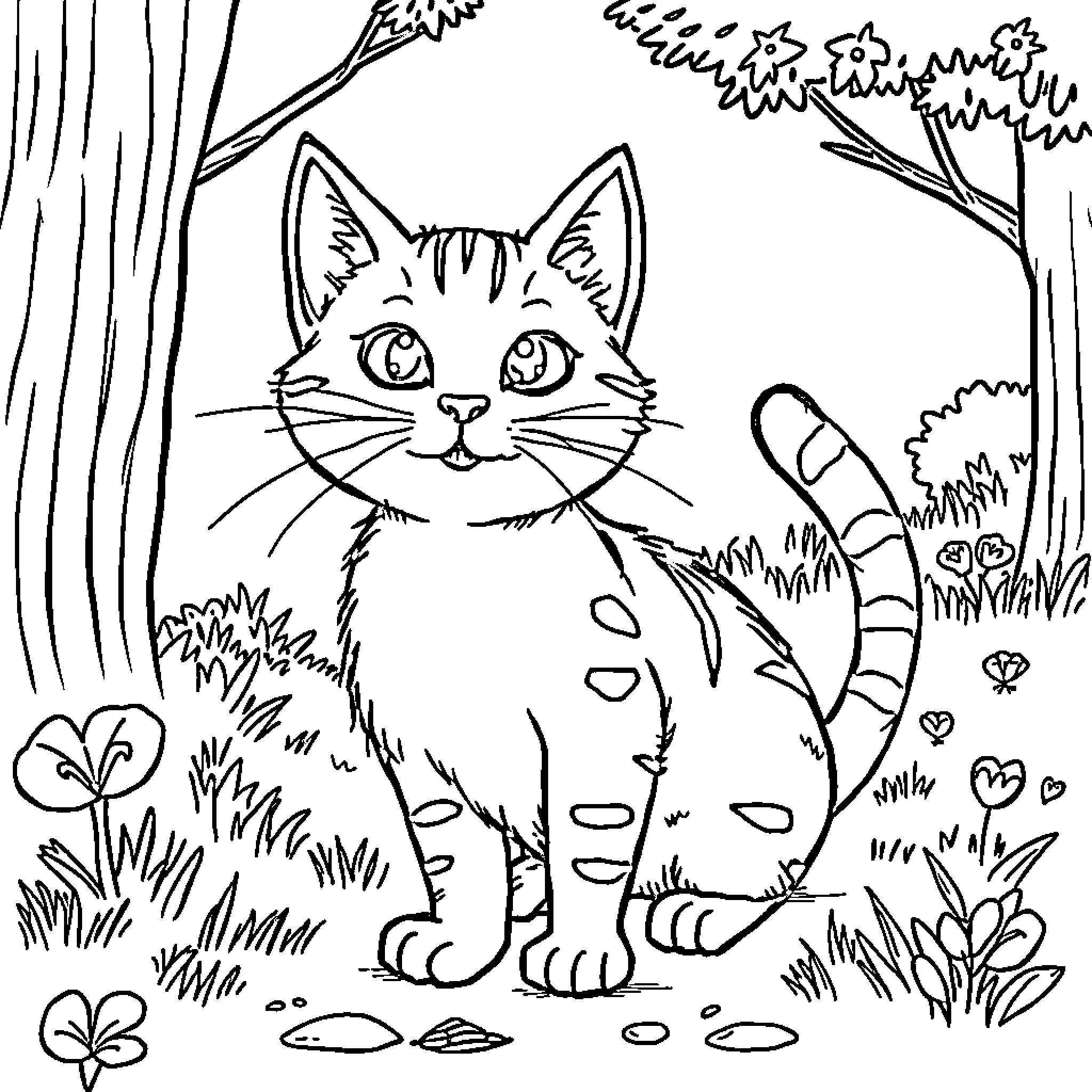 Tabby Mctat exploring the enchanting forest Coloring Page (free black-and-white line drawing printable PDF for all, from beginners to advanced learners, including children, teens, adults, and seniors)