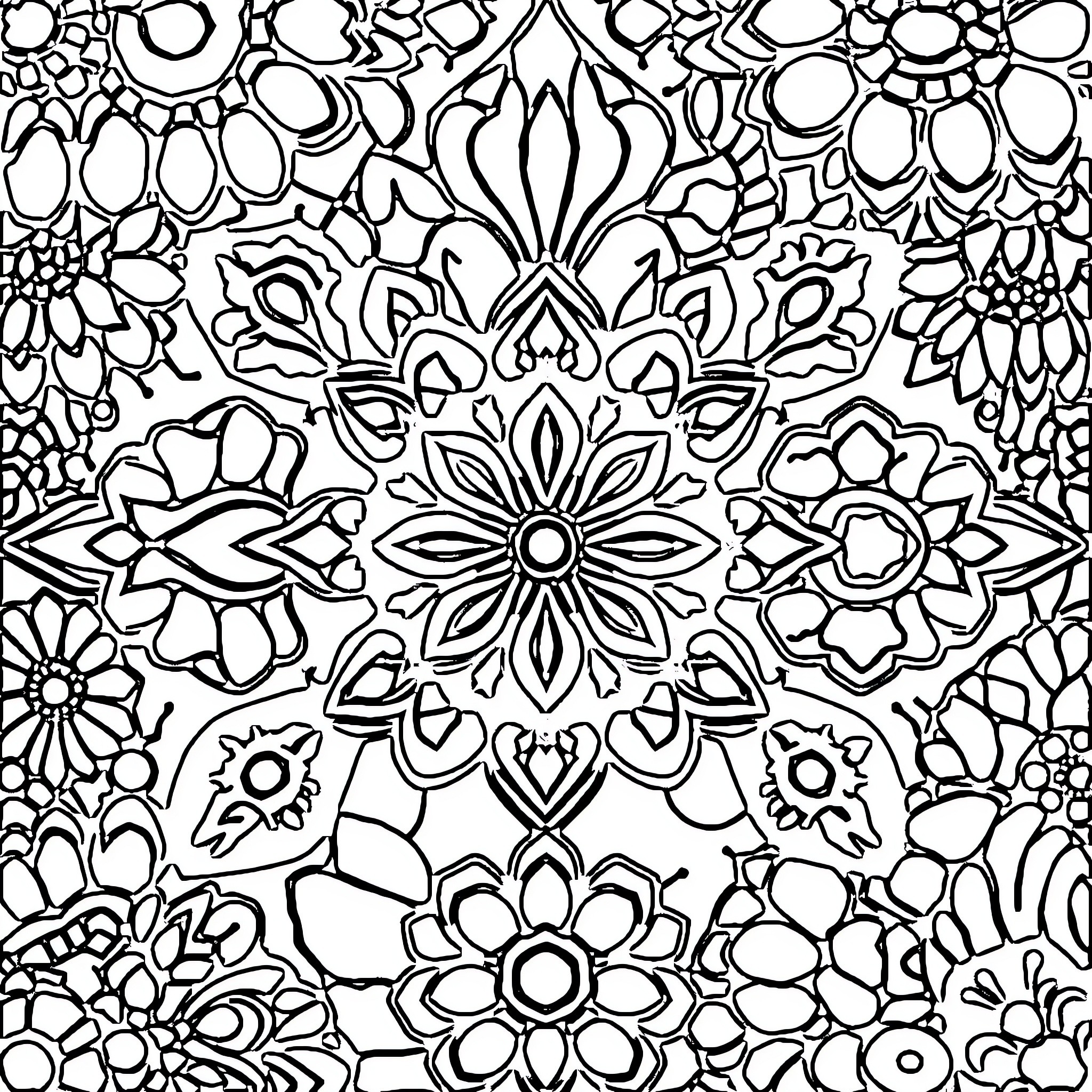 Pattern of intricate floral designs Coloring Page (free black-and-white line drawing printable PDF for all, from beginners to advanced learners, including children, teens, adults, and seniors)