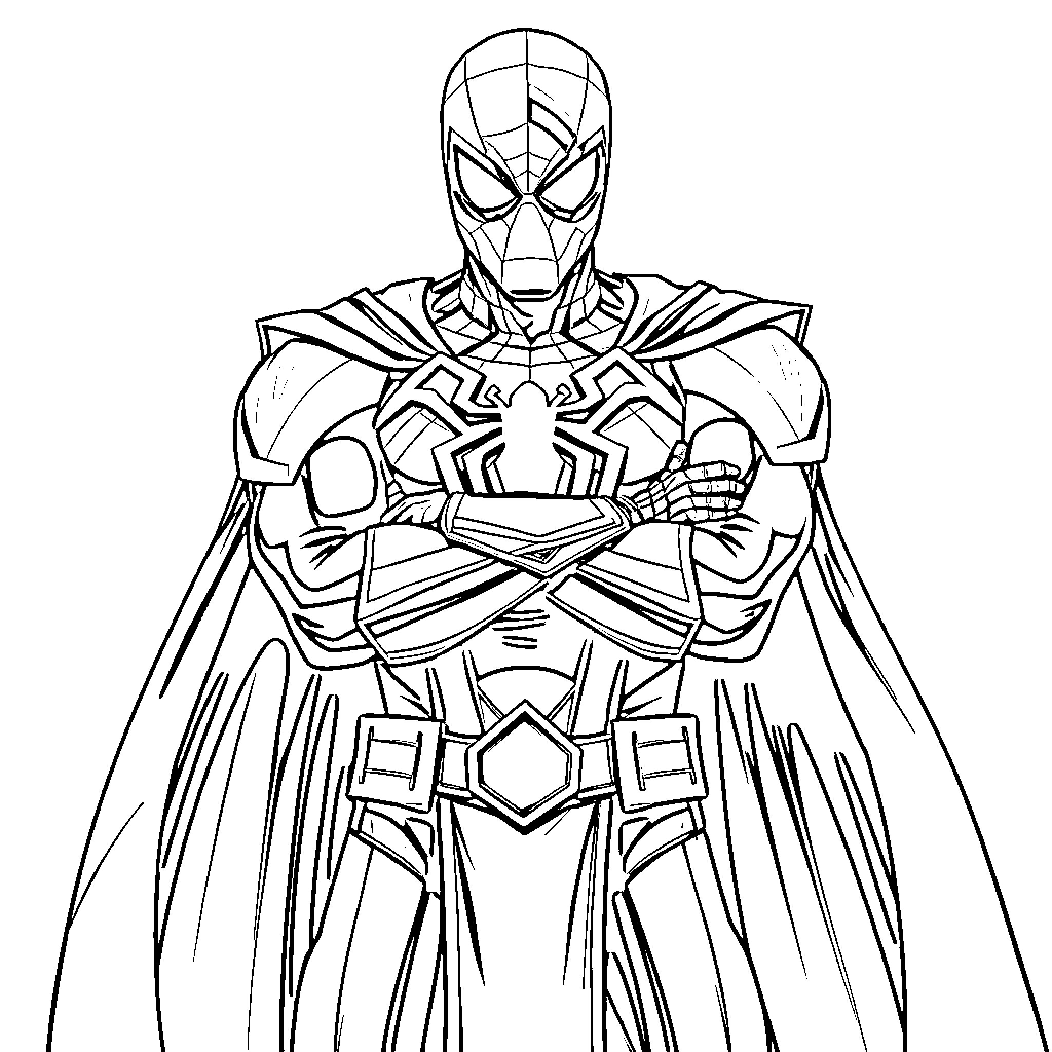 Spiderman in heroic pose with detailed costume Coloring Page (free black-and-white line drawing printable PDF for all, from beginners to advanced learners, including children, teens, adults, and seniors)