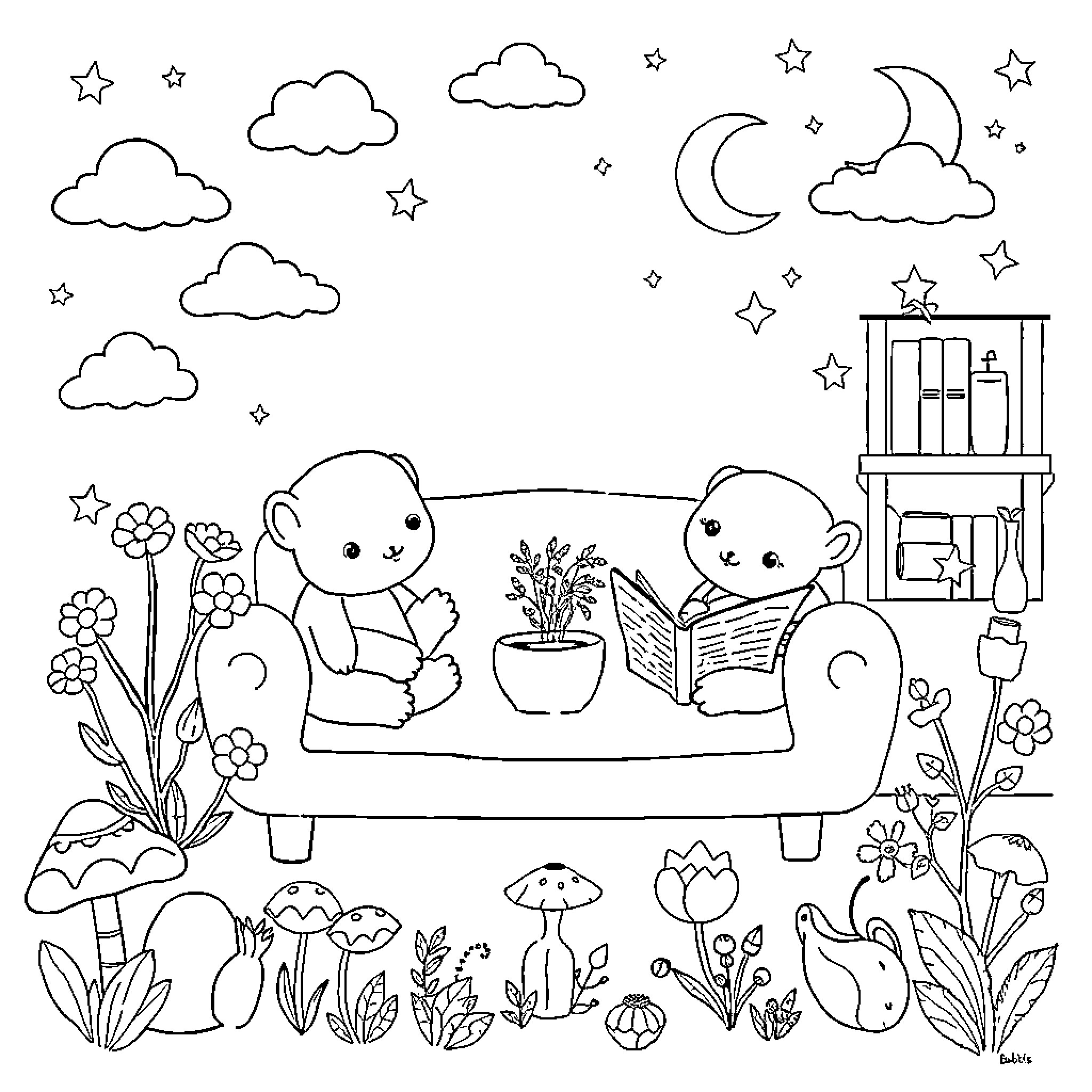Illustration of cute cartoon characters relaxing in a cozy scene Coloring Page (free black-and-white line drawing printable PDF for all, from beginners to advanced learners, including children, teens, adults, and seniors)