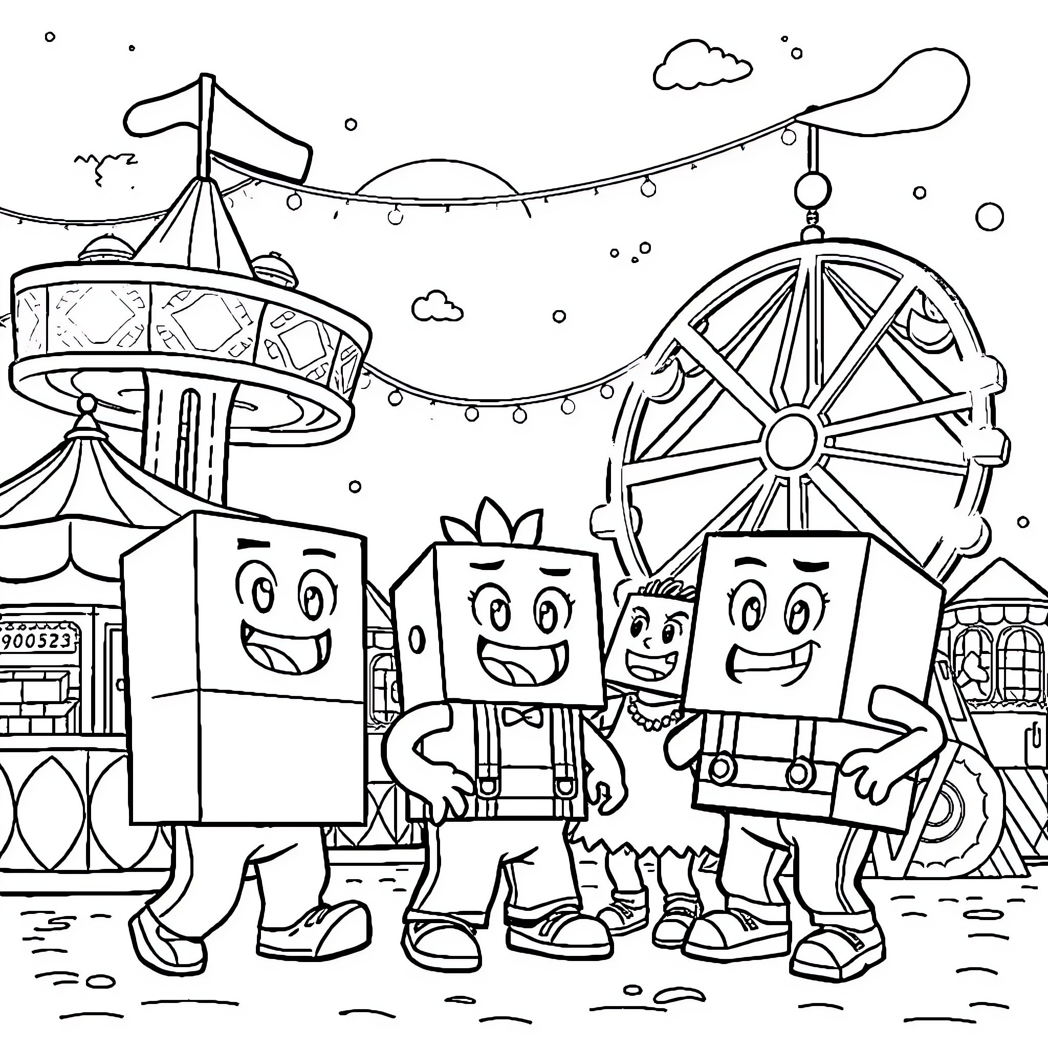 Numberblocks at the Carnival Amusement Park Coloring Page (free black-and-white line drawing printable PDF for all, from beginners to advanced learners, including children, teens, adults, and seniors)