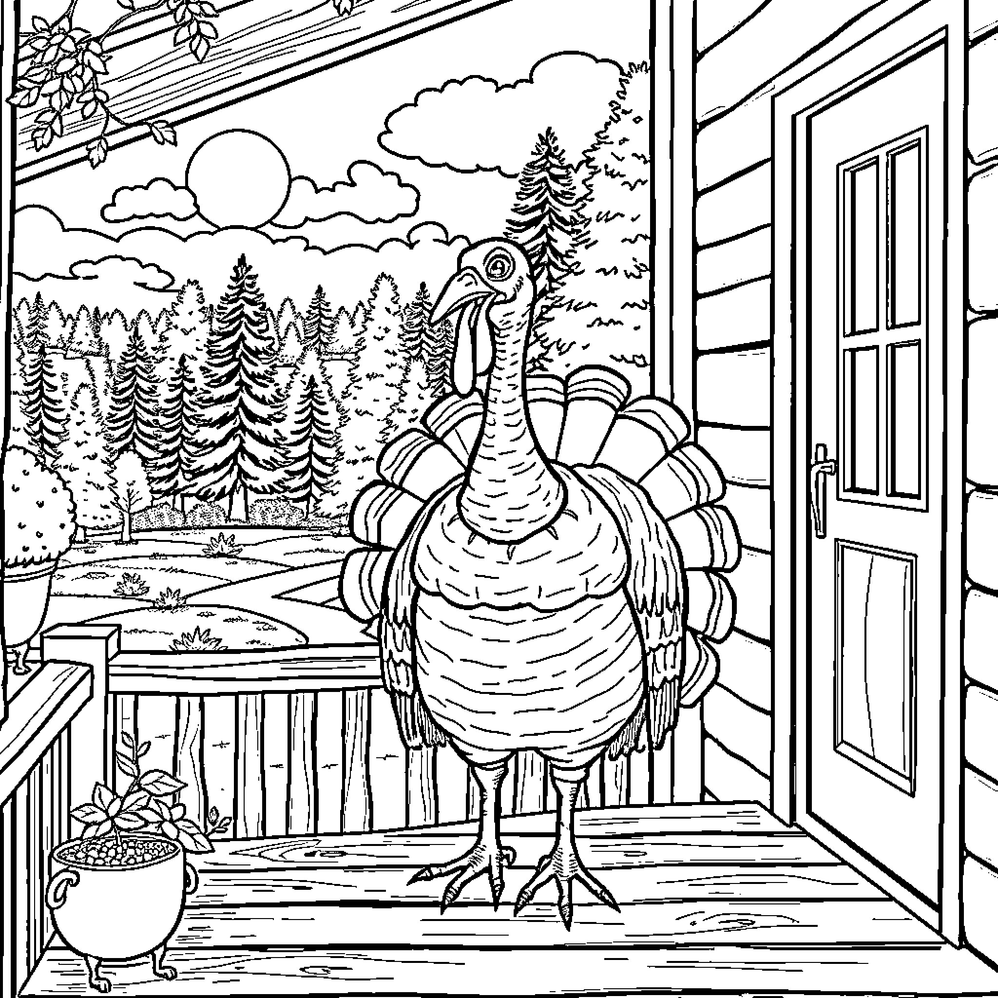 Turkey exploring the scenic countryside Coloring Page (free black-and-white line drawing printable PDF for all, from beginners to advanced learners, including children, teens, adults, and seniors)