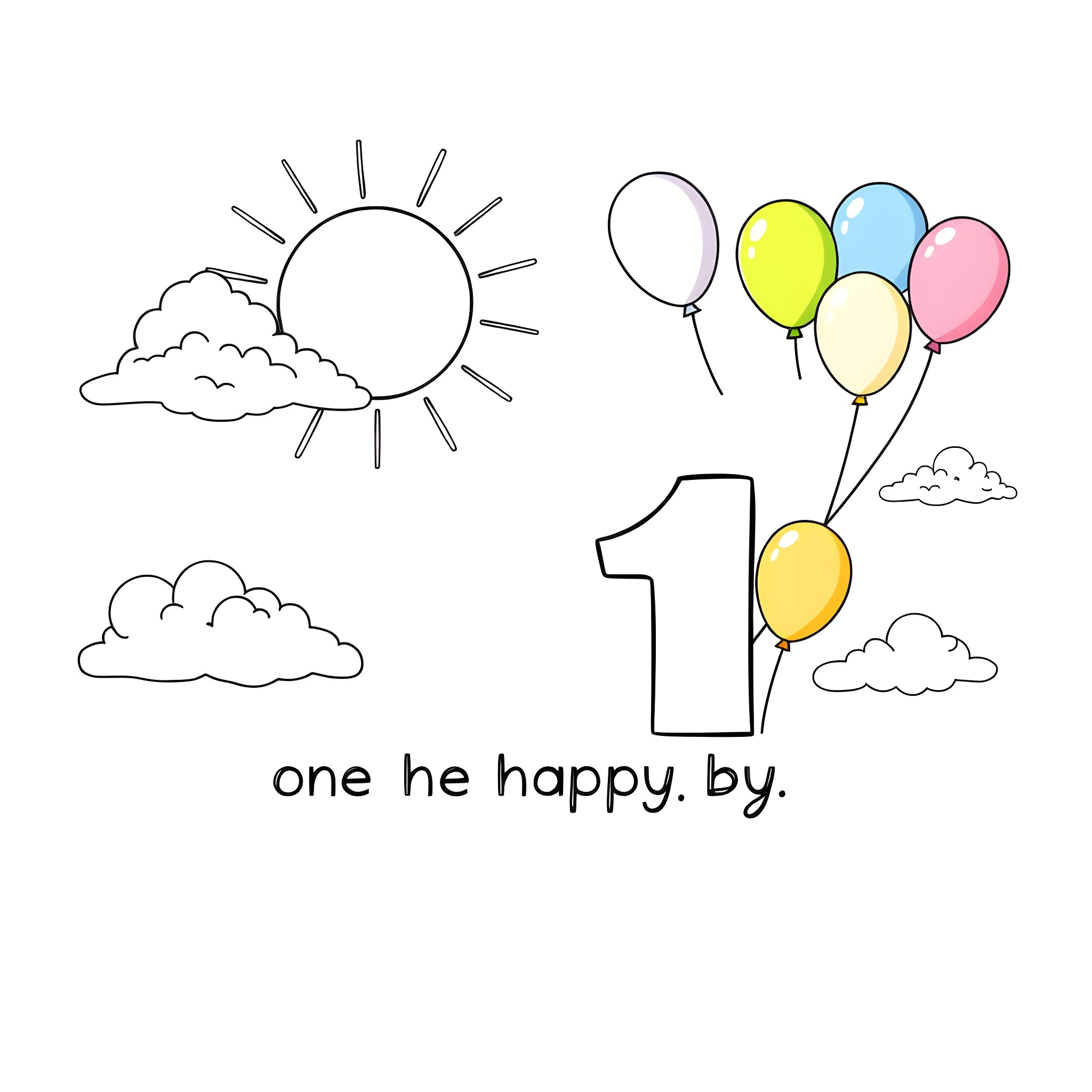 Boy celebrating his first birthday with balloons and clouds Coloring Page (free black-and-white line drawing printable PDF for all, from beginners to advanced learners, including children, teens, adults, and seniors)