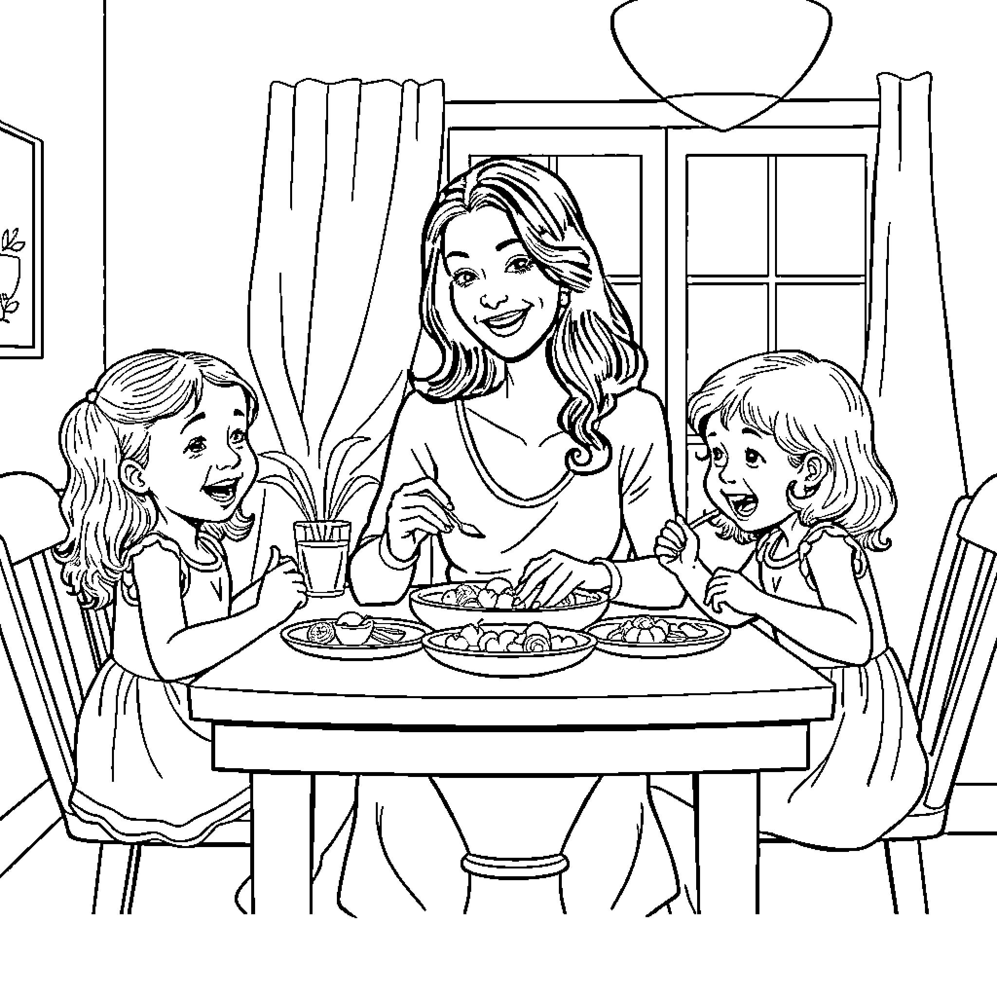 Mother enjoys meal with her daughters Coloring Page (free black-and-white line drawing printable PDF for all, from beginners to advanced learners, including children, teens, adults, and seniors)
