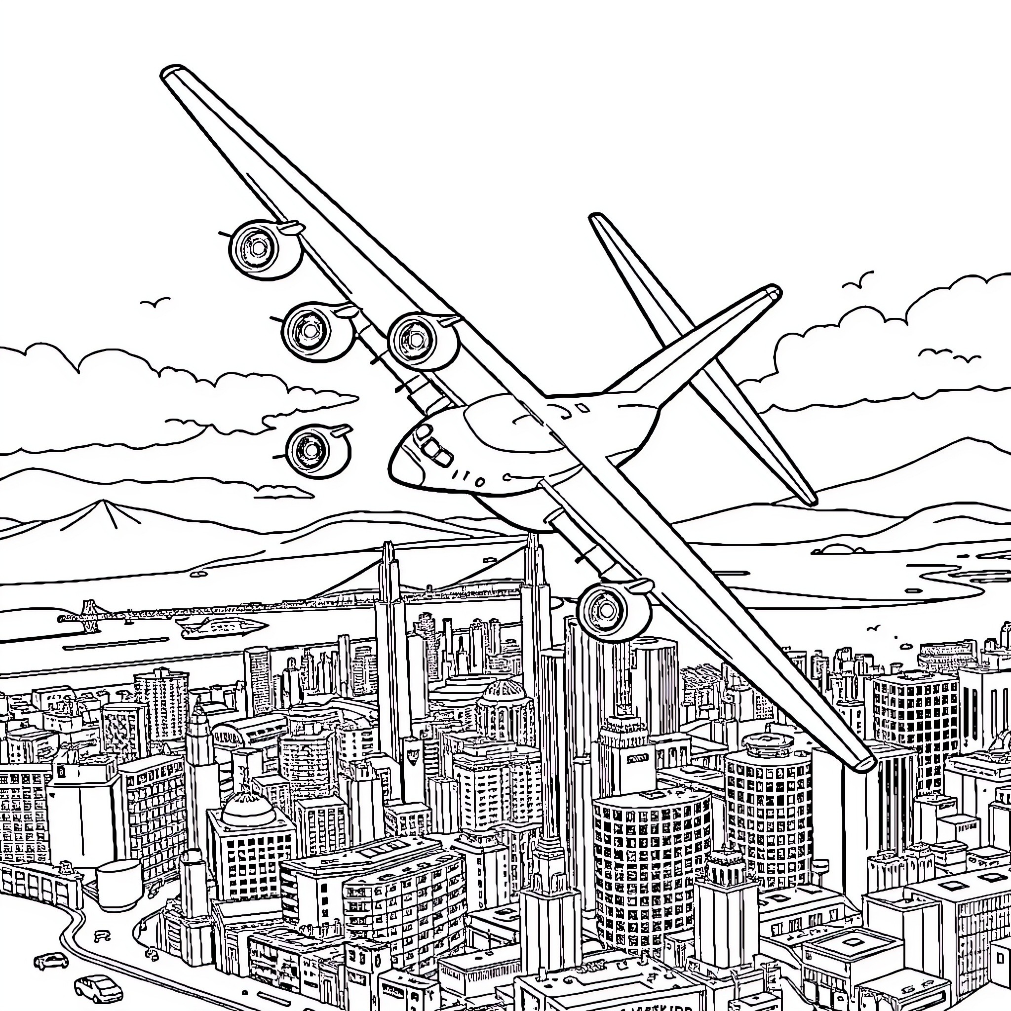 C17 Aircraft soaring over a bustling city skyline Coloring Page (free black-and-white line drawing printable PDF for all, from beginners to advanced learners, including children, teens, adults, and seniors)