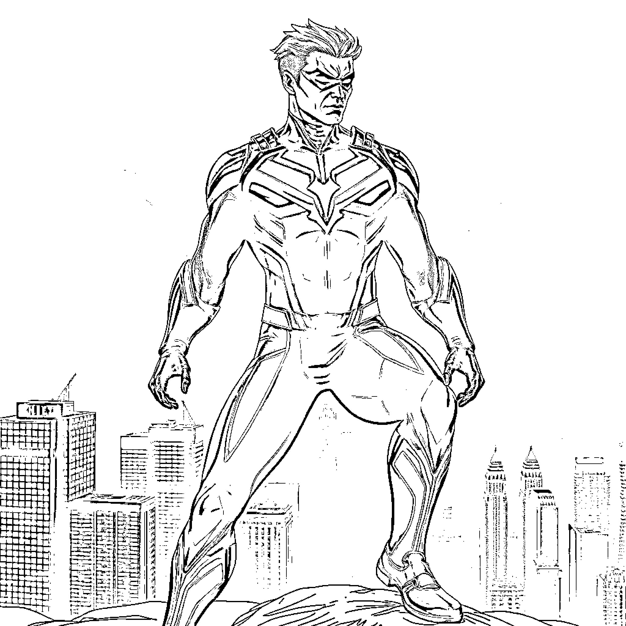 Superhero surveying the city from above Coloring Page (free black-and-white line drawing printable PDF for all, from beginners to advanced learners, including children, teens, adults, and seniors)