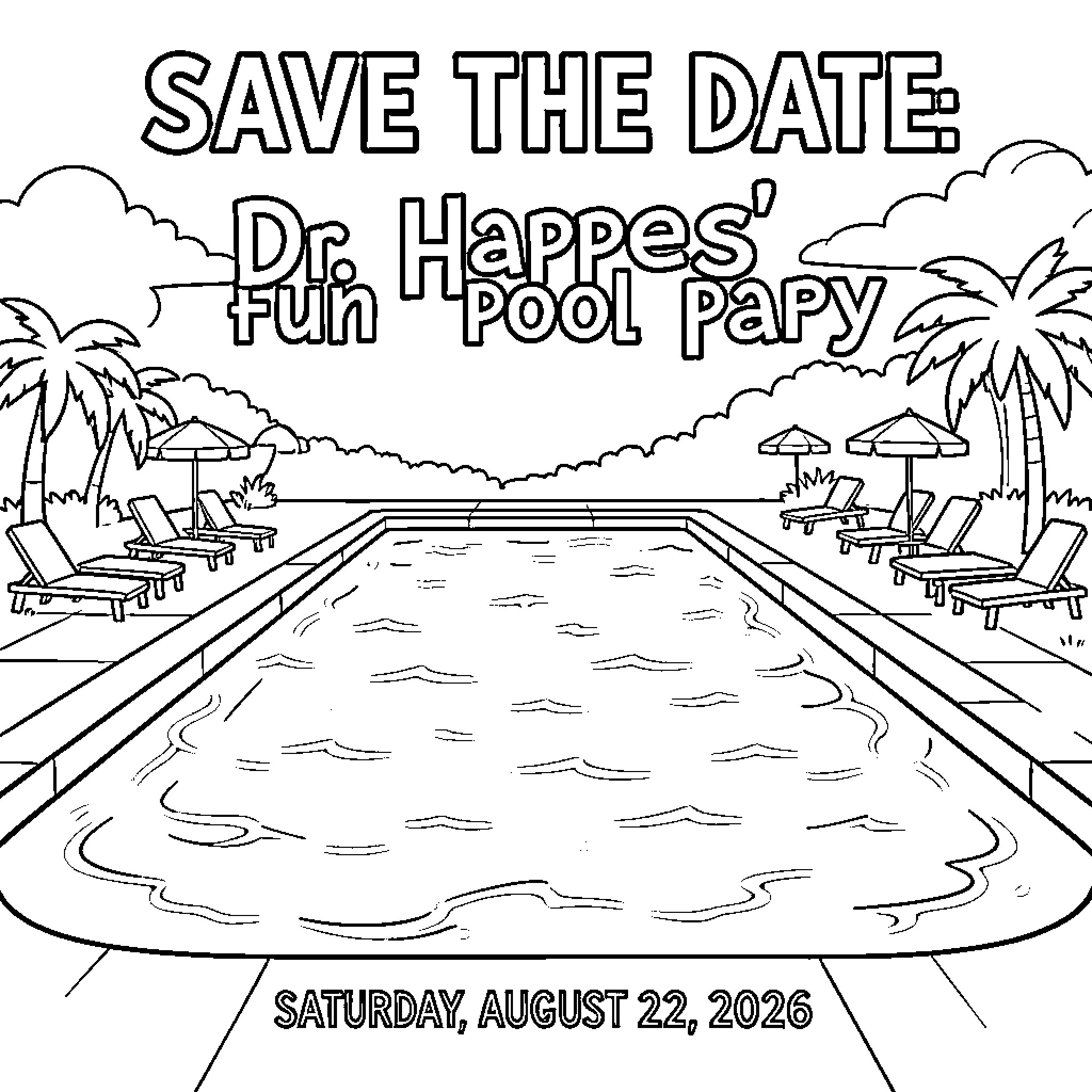 Pool Party for Dr. Happes' Fun Event Coloring Page (free black-and-white line drawing printable PDF for all, from beginners to advanced learners, including children, teens, adults, and seniors)