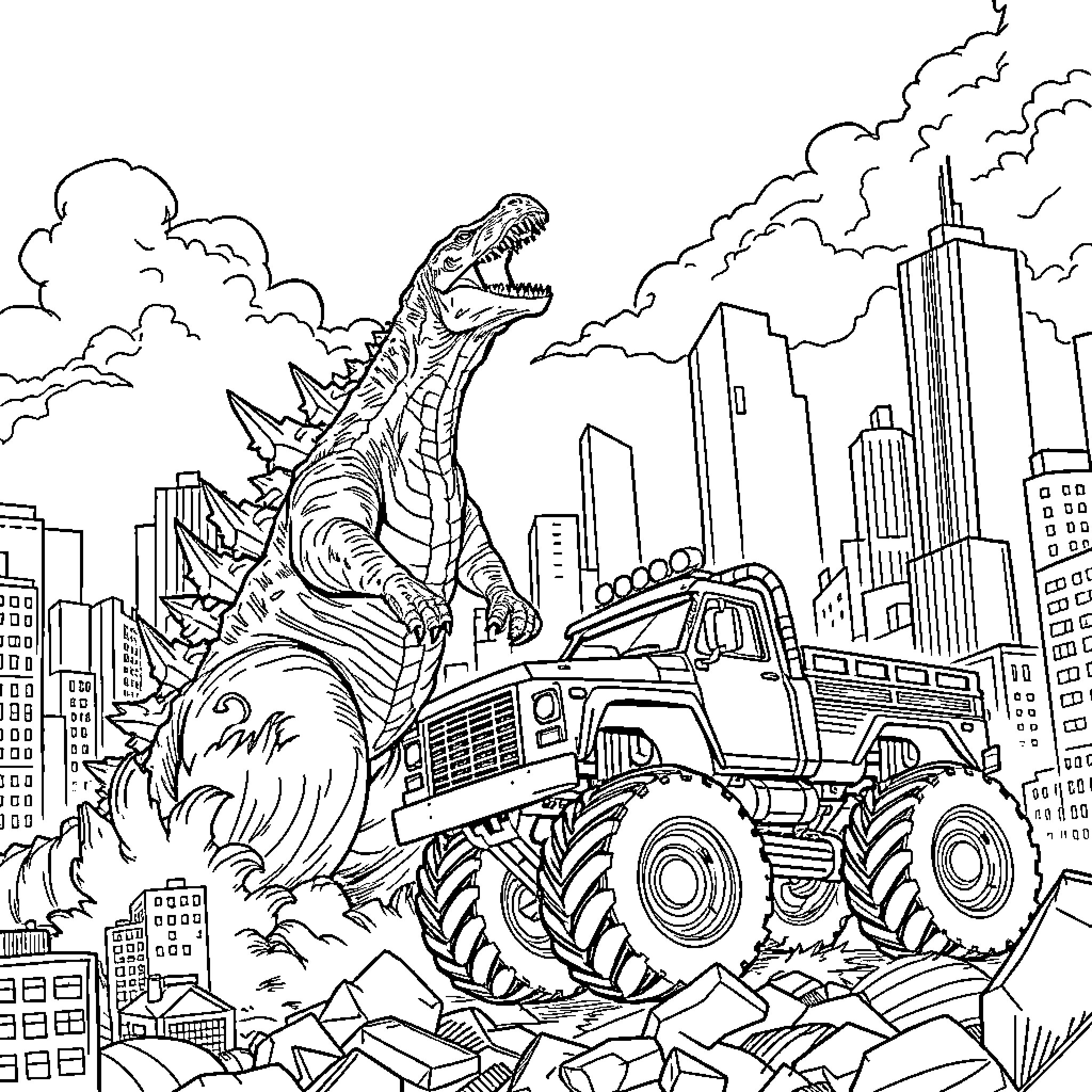 Godzilla battles a monster truck in the city Coloring Page (free black-and-white line drawing printable PDF for all, from beginners to advanced learners, including children, teens, adults, and seniors)