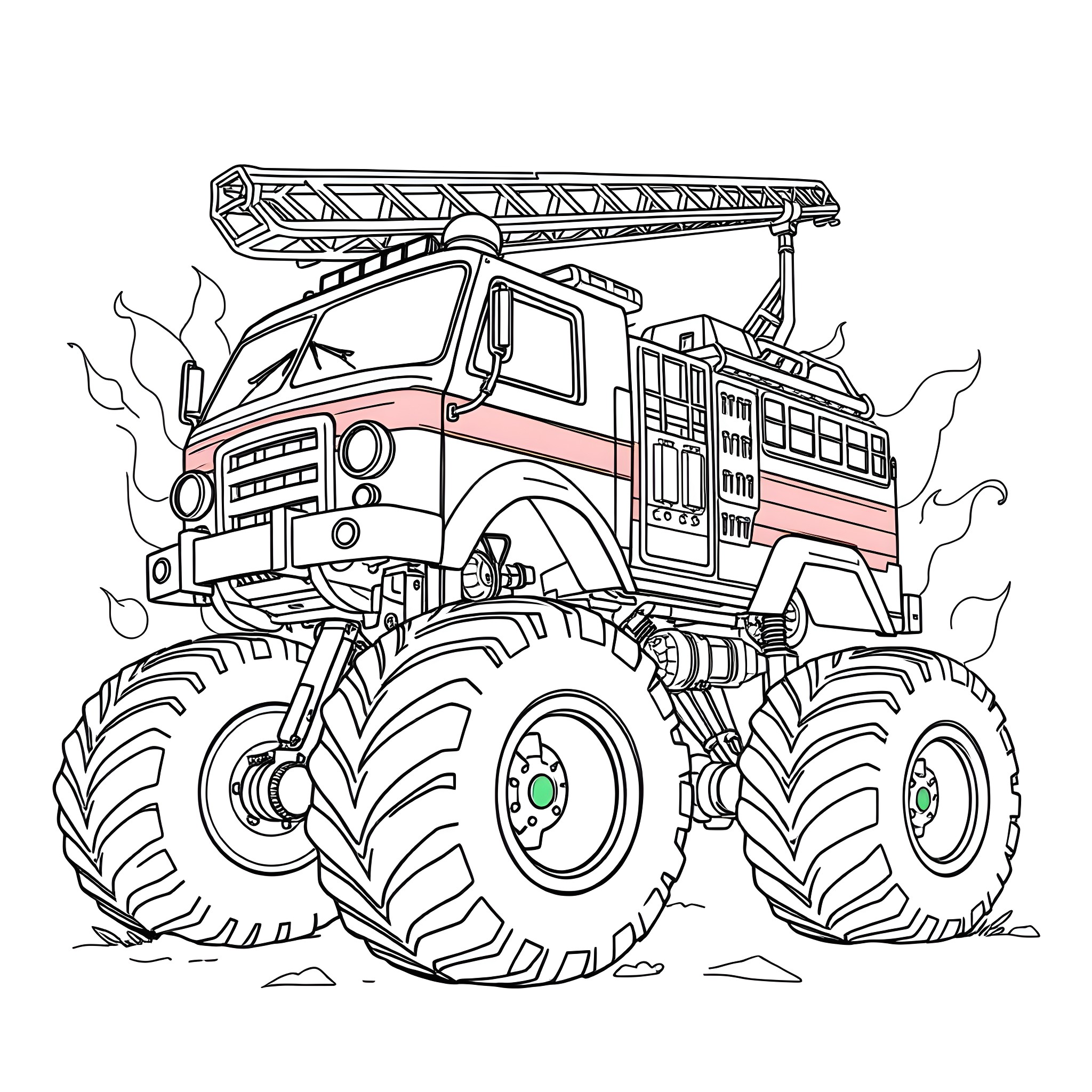 Fire Truck with Ladders and Monster Truck Wheels Coloring Page (free black-and-white line drawing printable PDF for all, from beginners to advanced learners, including children, teens, adults, and seniors)