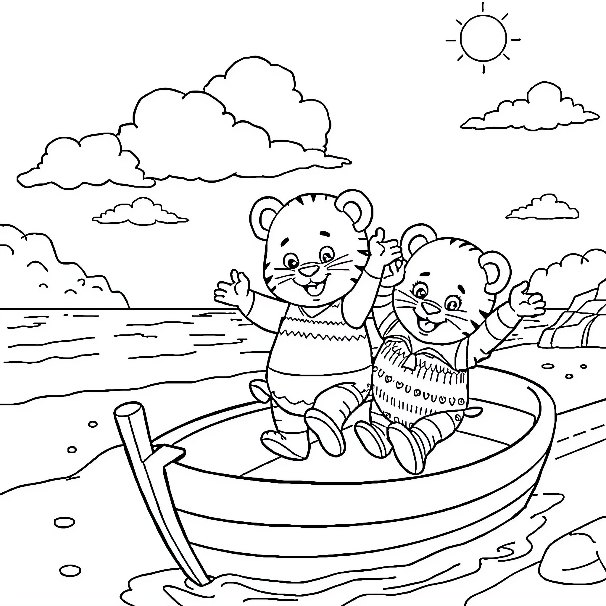 Tiger cubs playing happily in a boat on the lake Coloring Page (free black-and-white line drawing printable PDF for all, from beginners to advanced learners, including children, teens, adults, and seniors)