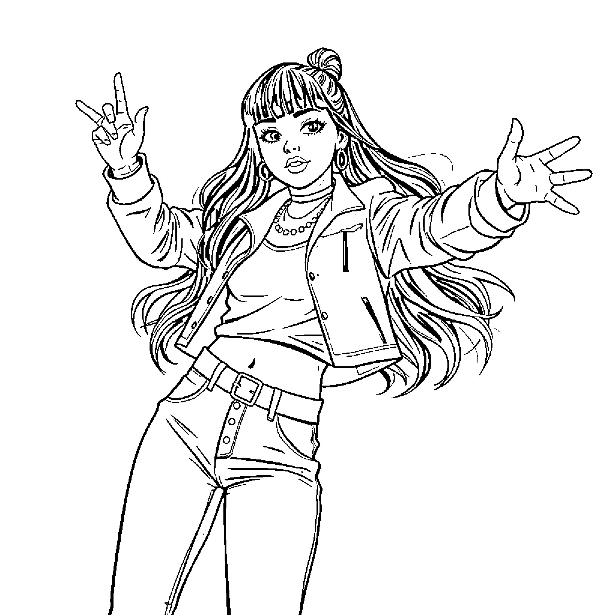 Zoey expressing joy and freedom Coloring Page (free black-and-white line drawing printable PDF for all, from beginners to advanced learners, including children, teens, adults, and seniors)