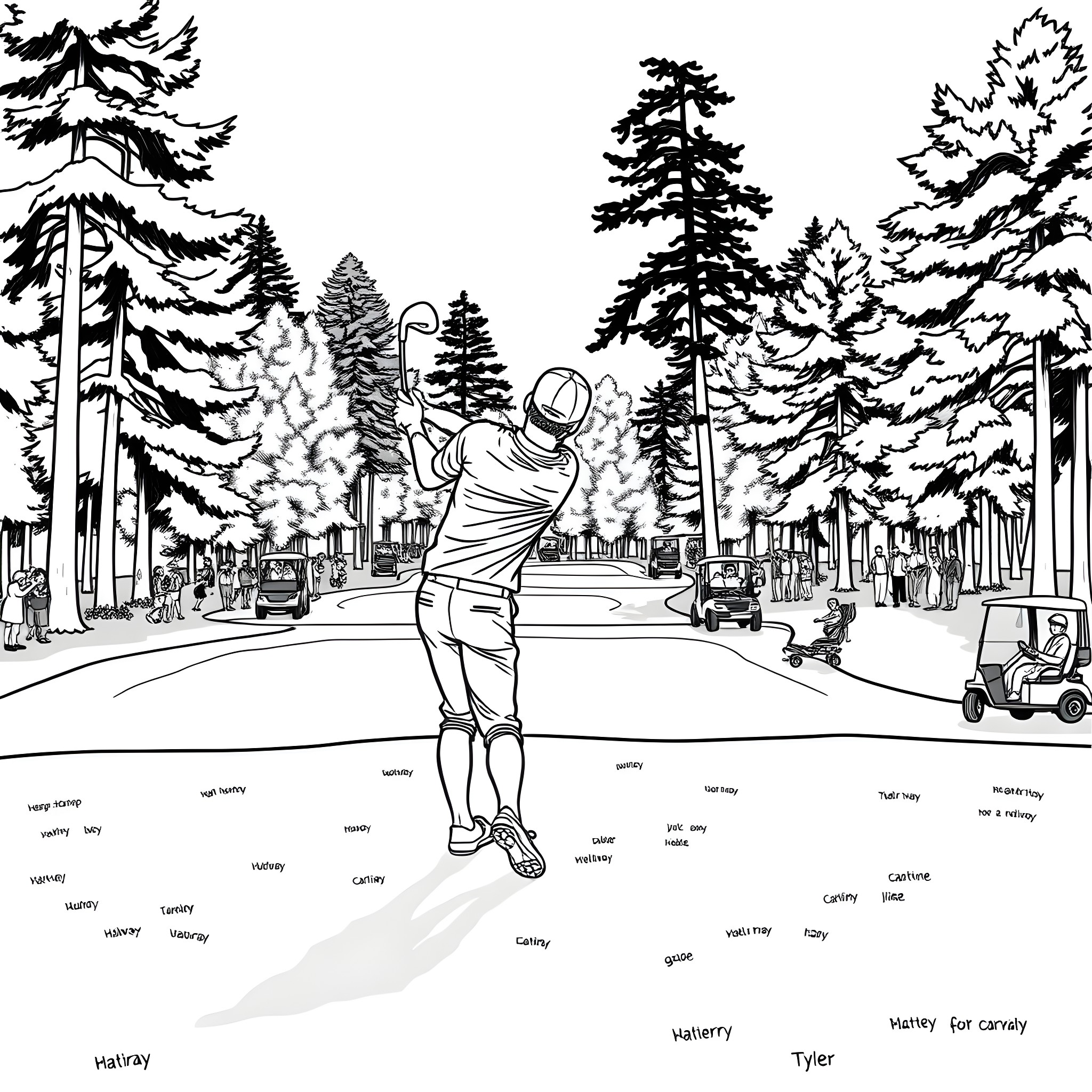 Tyler playing golf on a snowy course Coloring Page (free black-and-white line drawing printable PDF for all, from beginners to advanced learners, including children, teens, adults, and seniors)