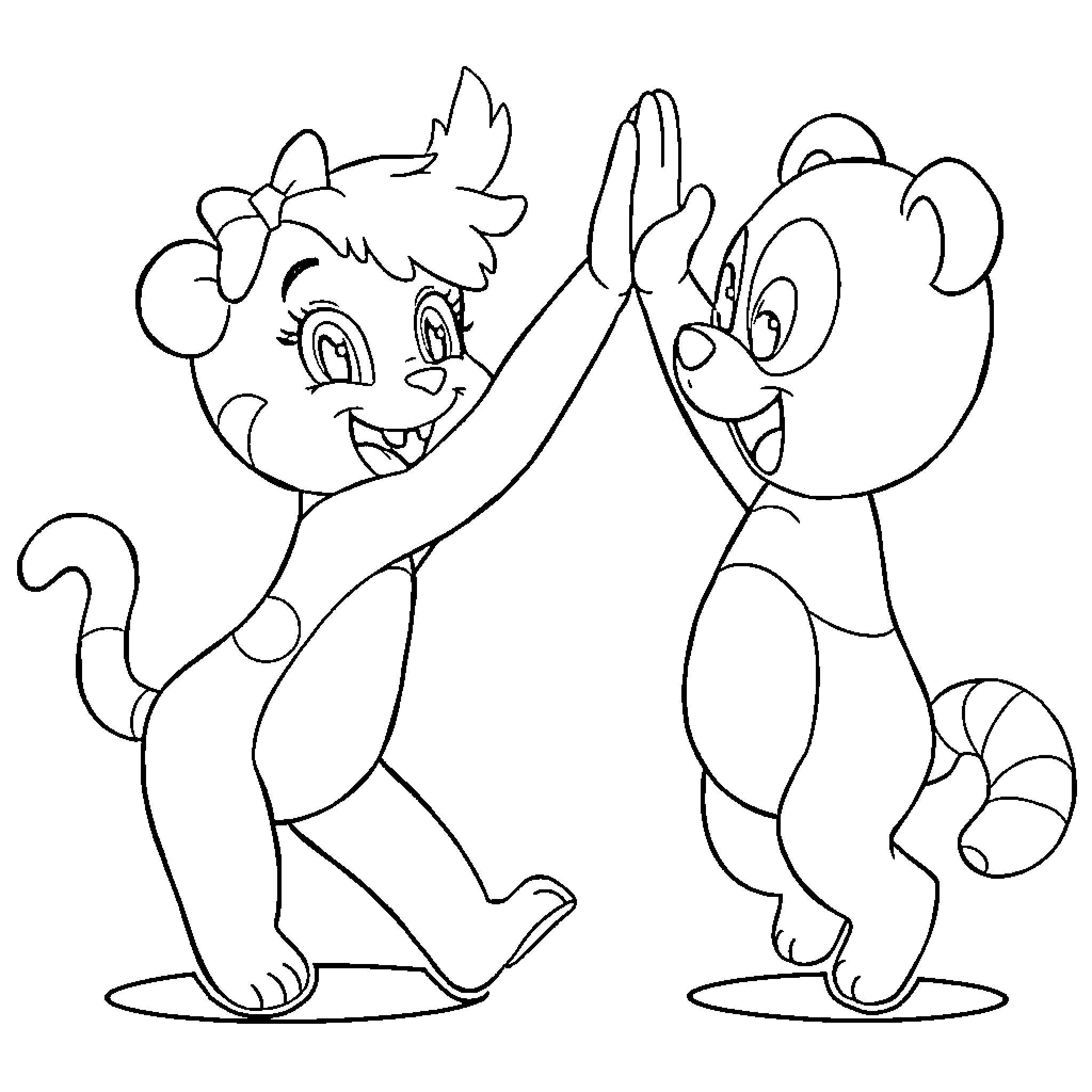 Gabby's Playful Celebration with Animated Friend Coloring Page (free black-and-white line drawing printable PDF for all, from beginners to advanced learners, including children, teens, adults, and seniors)