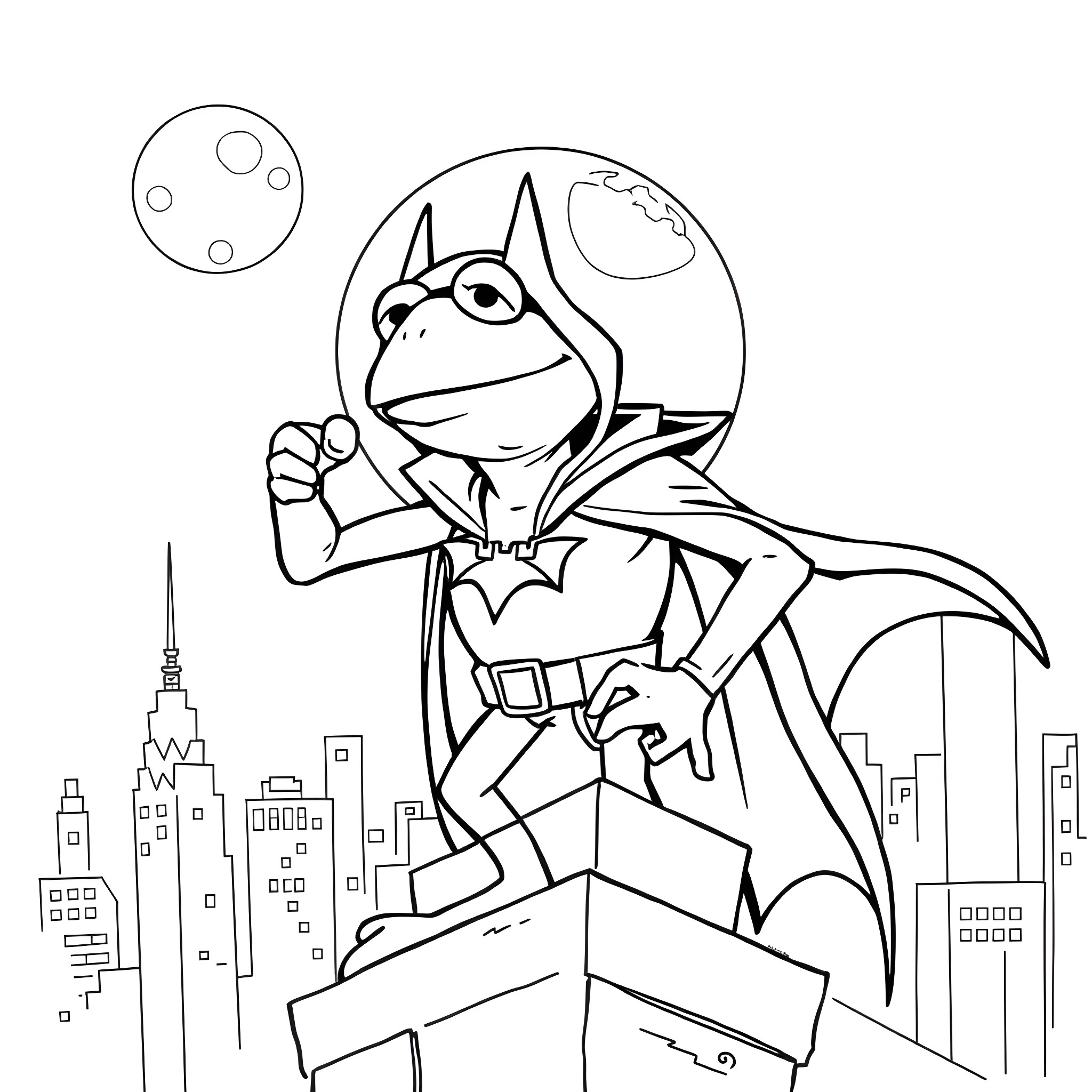 Kermit the Frog as a superhero in the city Coloring Page (free black-and-white line drawing printable PDF for all, from beginners to advanced learners, including children, teens, adults, and seniors)
