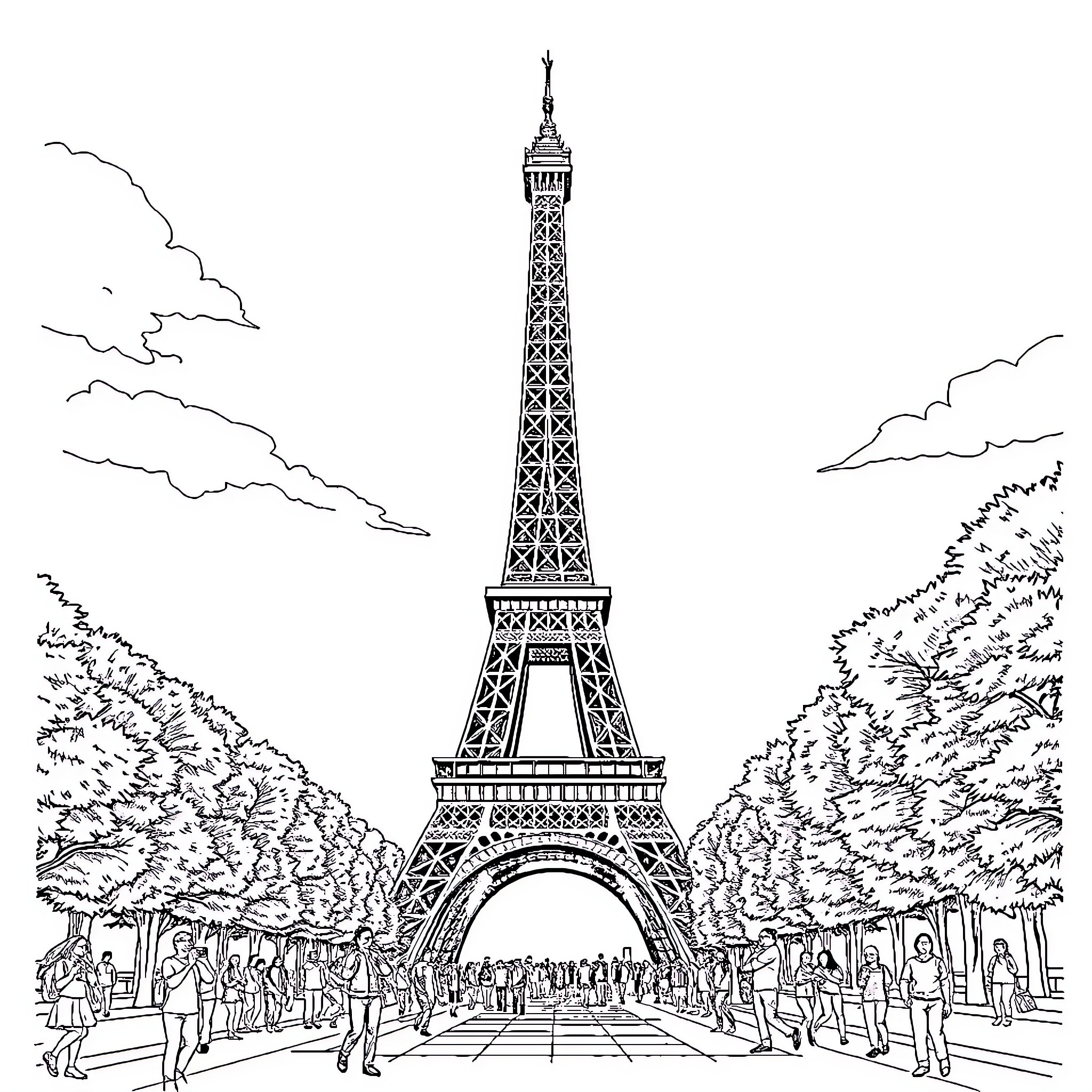 Eiffel Tower among lively crowds and scenery Coloring Page (free black-and-white line drawing printable PDF for all, from beginners to advanced learners, including children, teens, adults, and seniors)