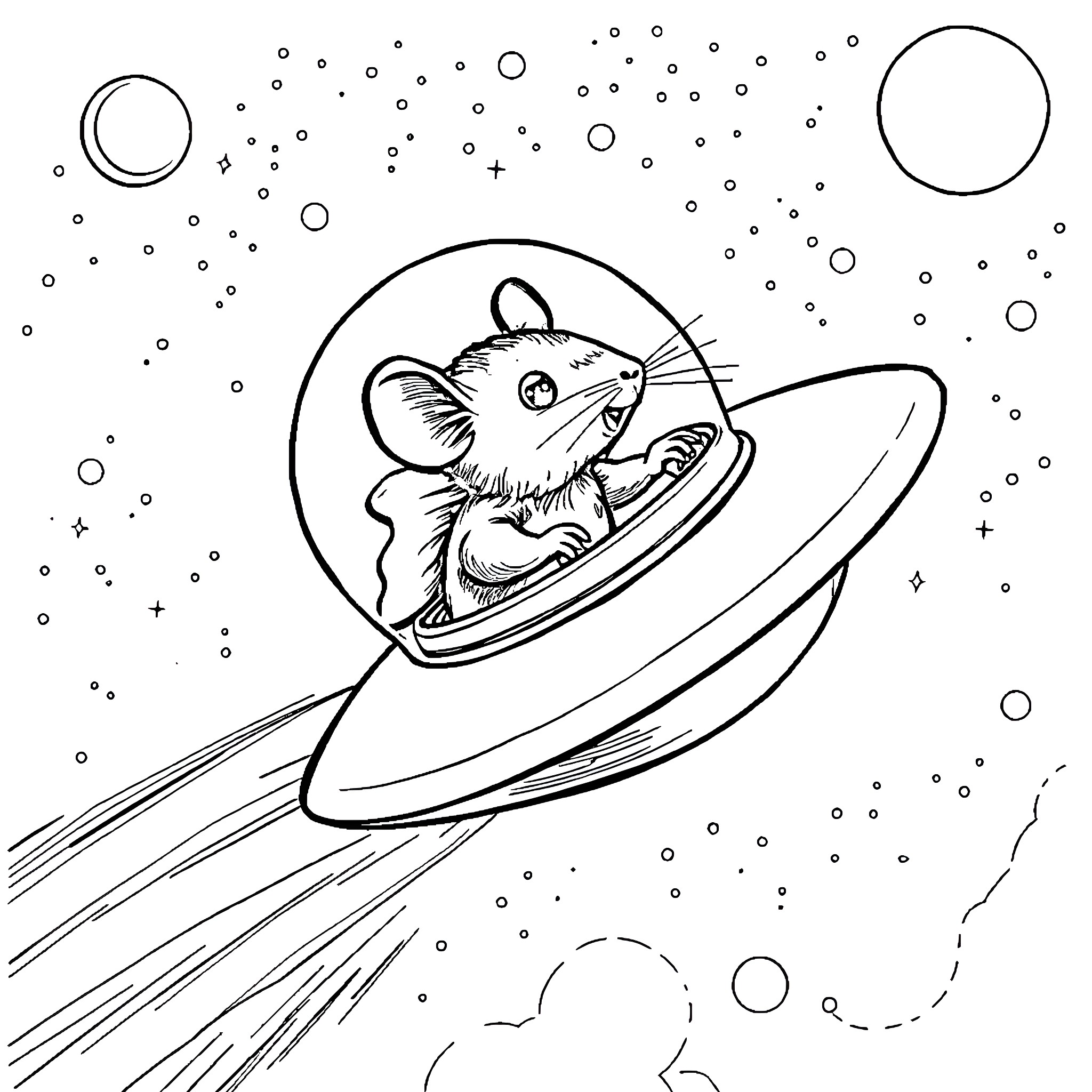 Rat astronaut riding a flying saucer in space Coloring Page (free black-and-white line drawing printable PDF for all, from beginners to advanced learners, including children, teens, adults, and seniors)