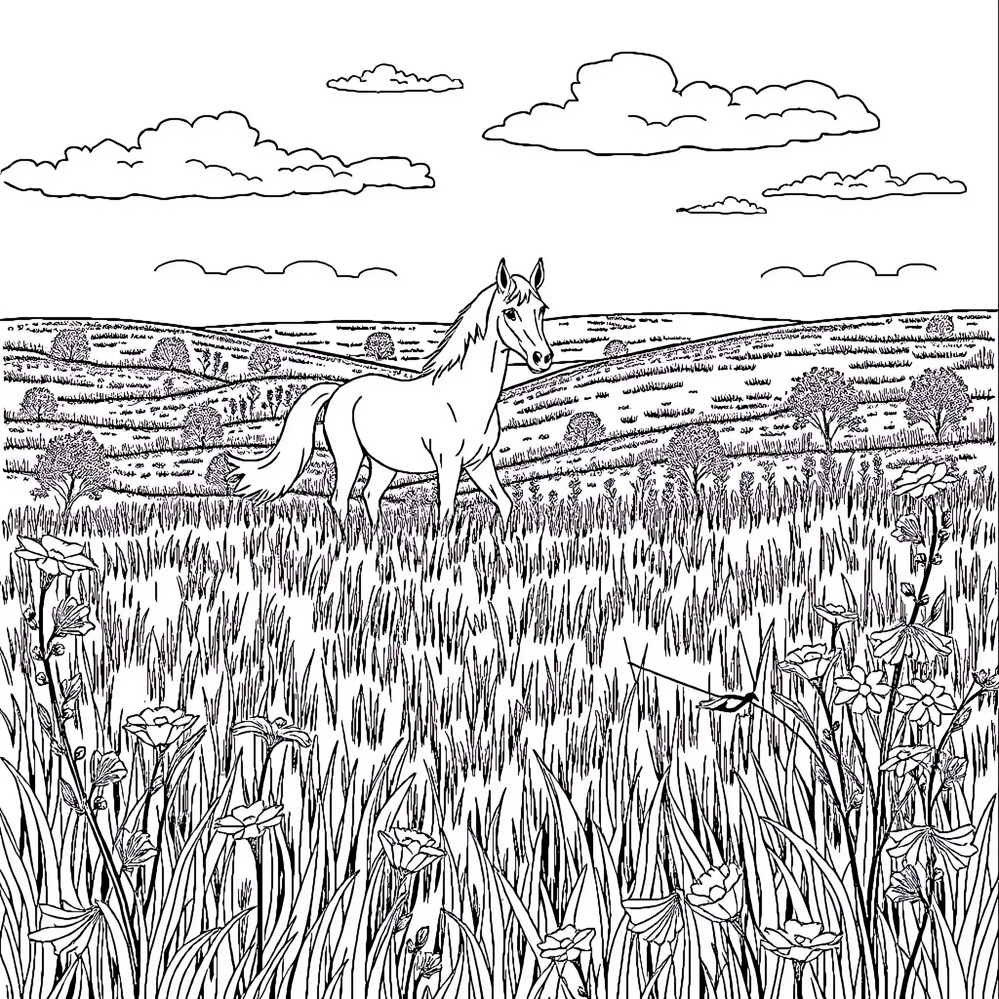 Chevalier in a Grassy Field with Cloudy Sky Coloring Page (free black-and-white line drawing printable PDF for all, from beginners to advanced learners, including children, teens, adults, and seniors)