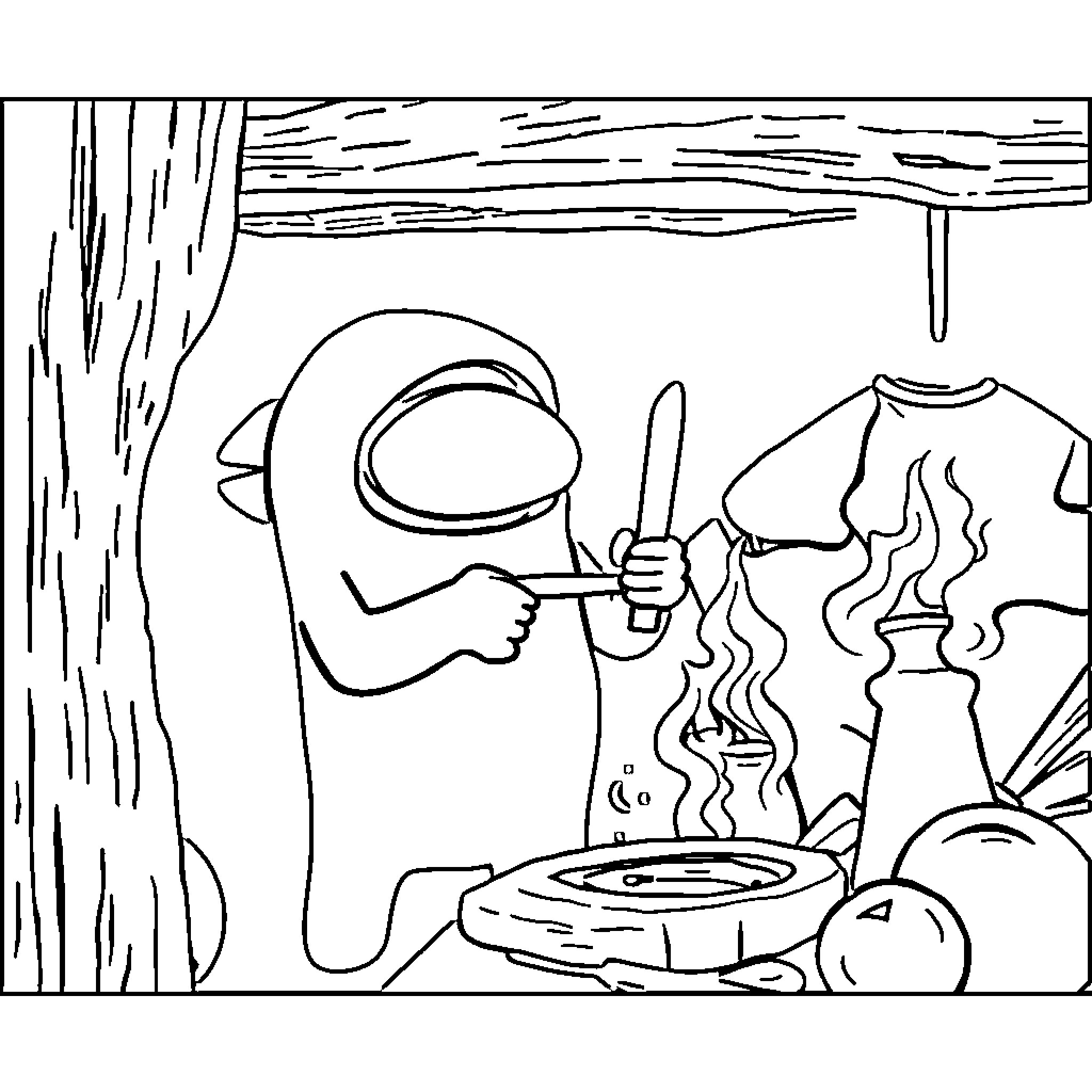 Among Us Characters Cooking in the Forest Coloring Page (free black-and-white line drawing printable PDF for all, from beginners to advanced learners, including children, teens, adults, and seniors)