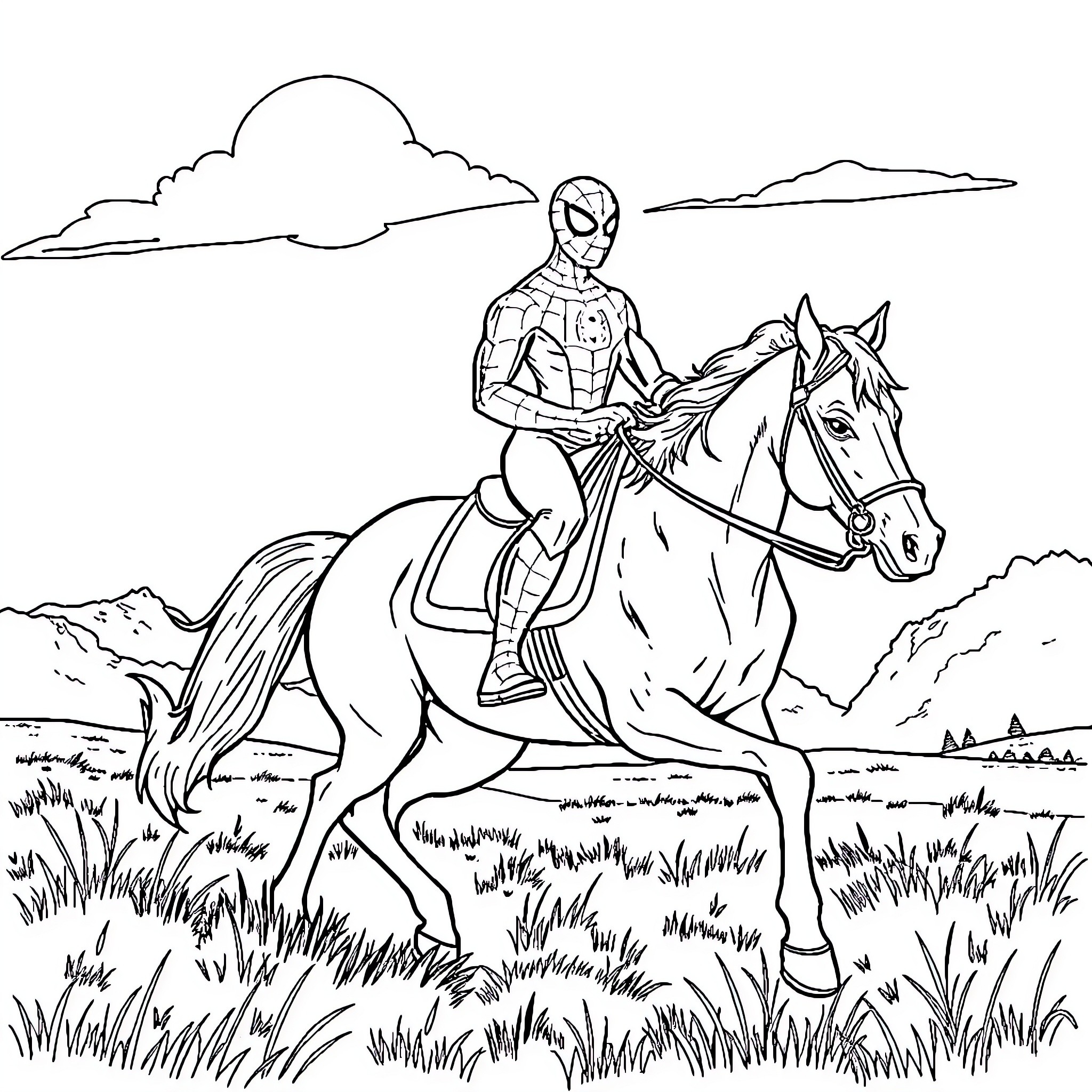 Spiderman riding a horse through the countryside Coloring Page (free black-and-white line drawing printable PDF for all, from beginners to advanced learners, including children, teens, adults, and seniors)