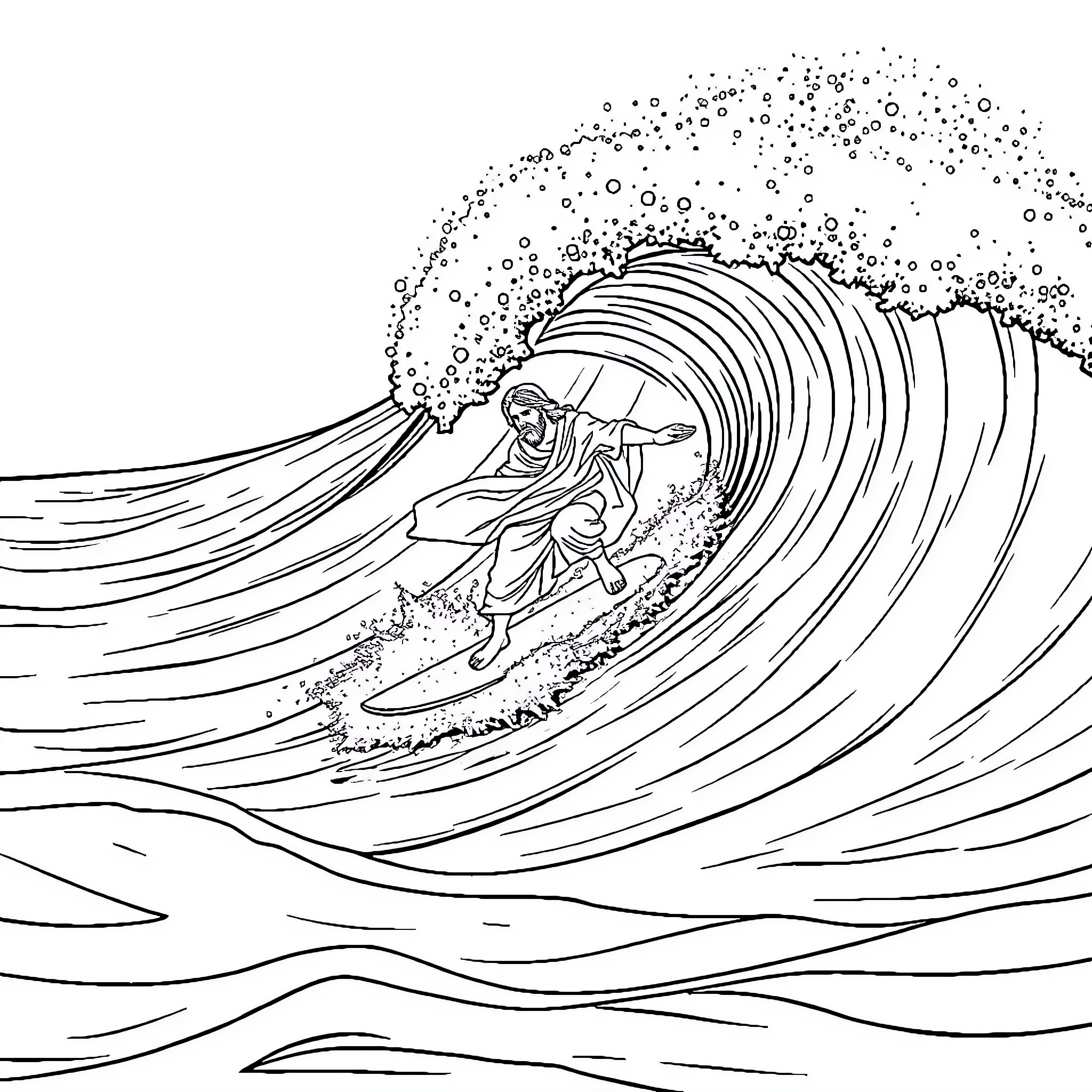 Jesus surfing the majestic ocean wave Coloring Page (free black-and-white line drawing printable PDF for all, from beginners to advanced learners, including children, teens, adults, and seniors)