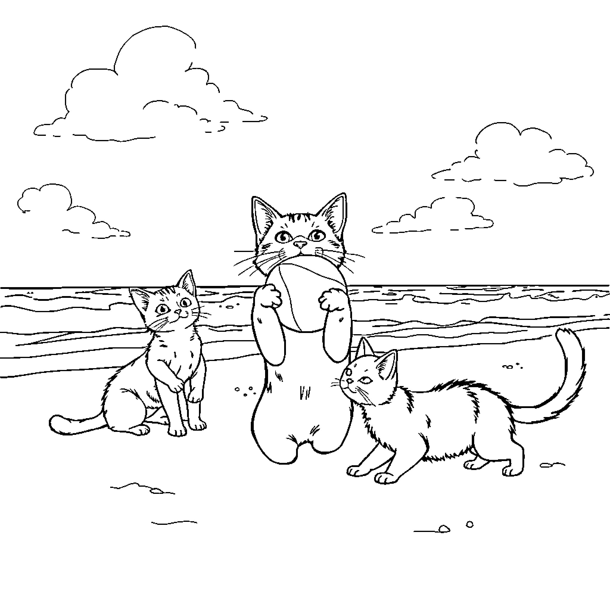 Gato cats enjoying the beach Coloring Page (free black-and-white line drawing printable PDF for all, from beginners to advanced learners, including children, teens, adults, and seniors)