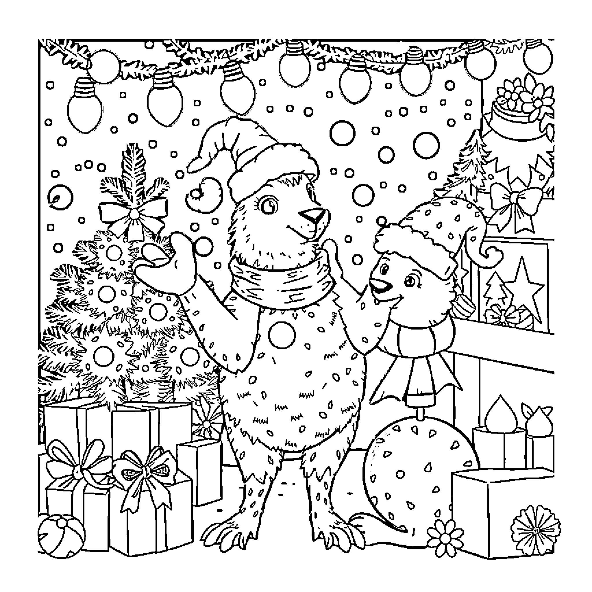 Huntrix's Festive Frolics: Winter Wonderland with Creatures Coloring Page (free black-and-white line drawing printable PDF for all, from beginners to advanced learners, including children, teens, adults, and seniors)